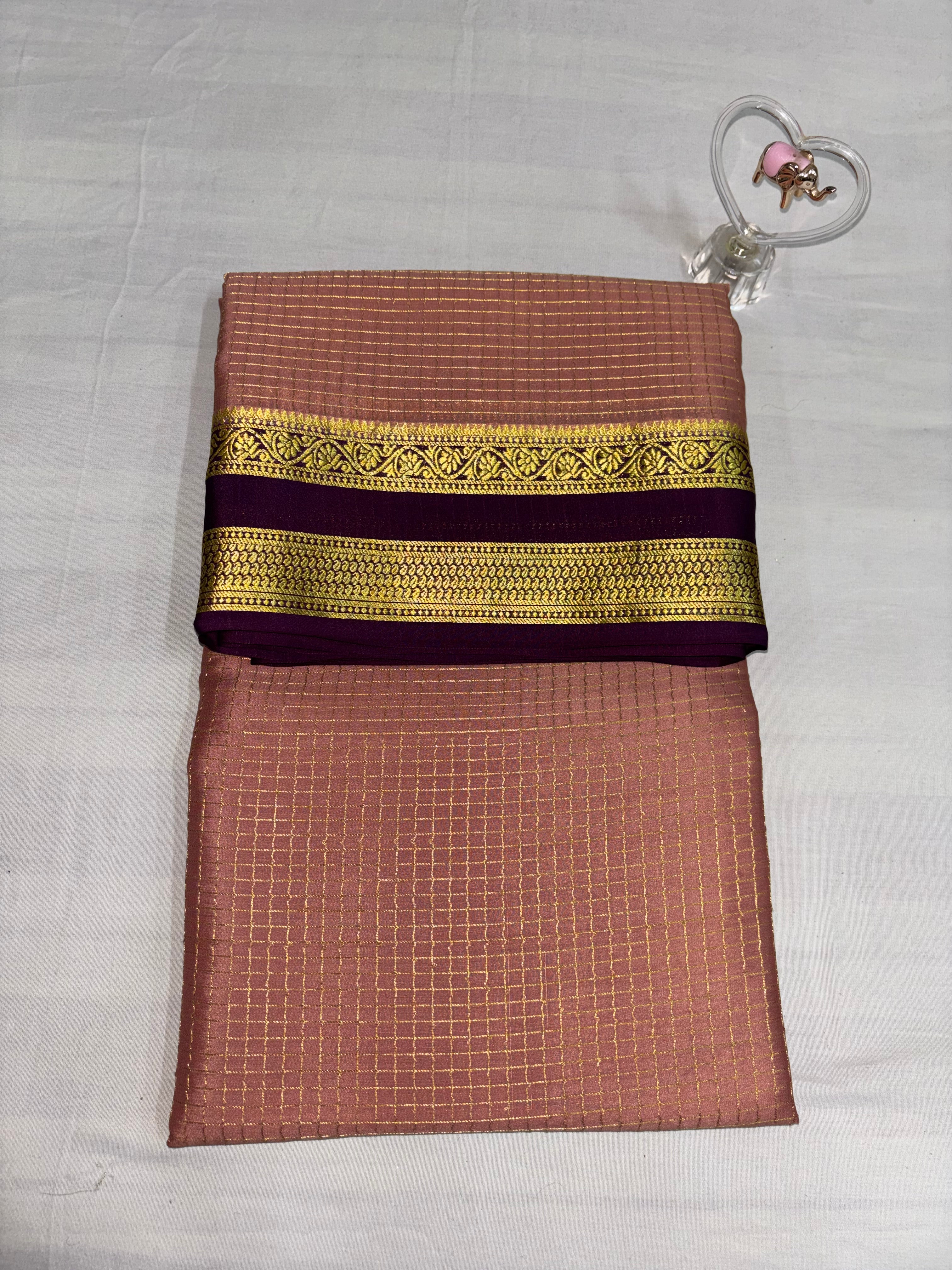 100 GSM Checks Body With Double Border Pure Mysore Silks Light Brown Saree