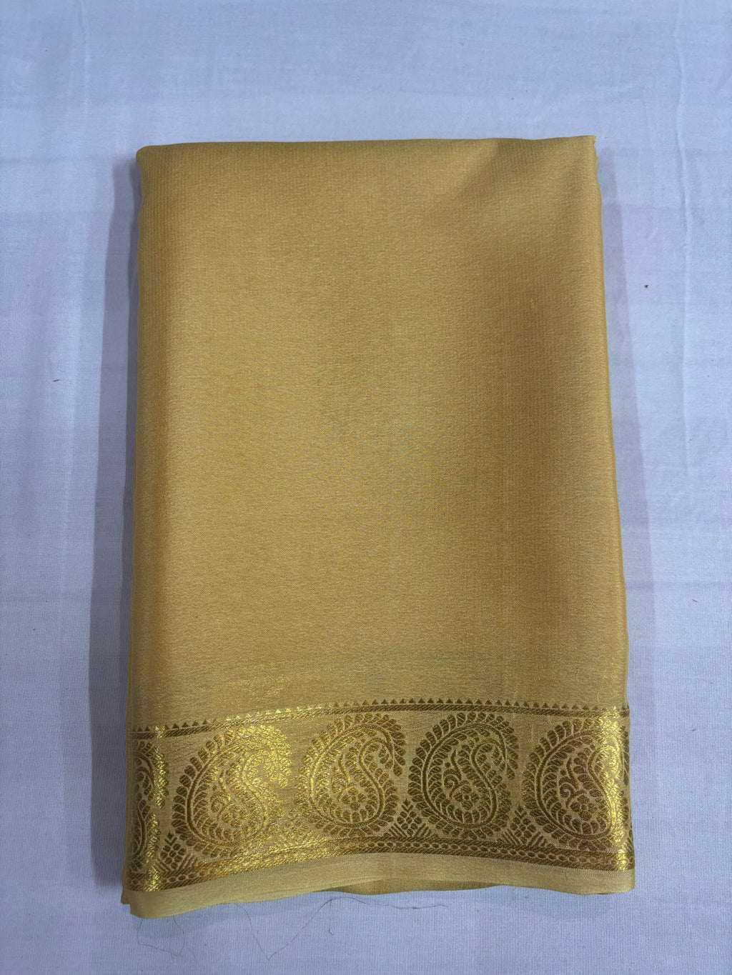 65 GSM Pure Mysore Silk Saree , Mango Border-Tassar Self Colour