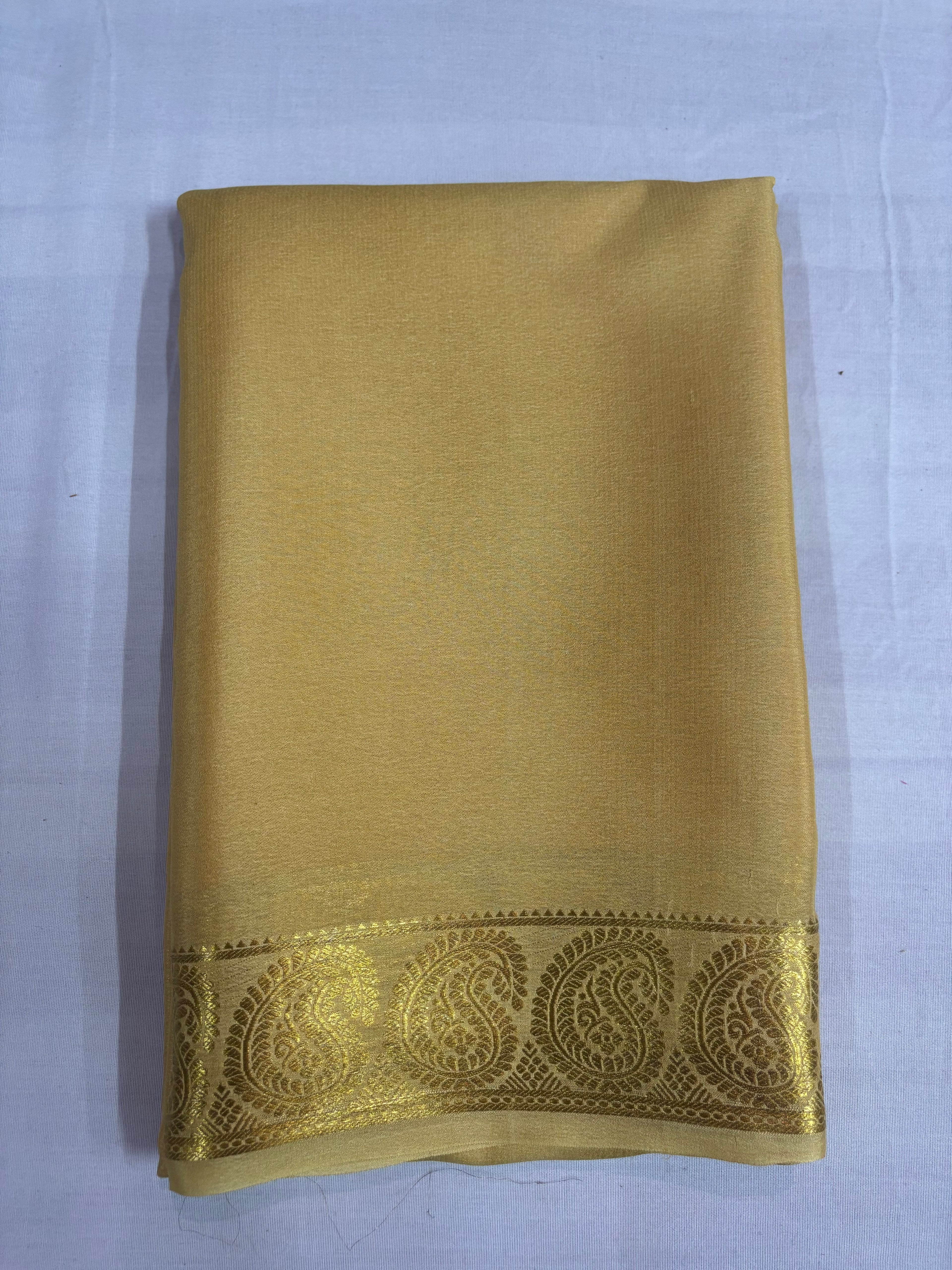 65 GSM Pure Mysore Silk Saree , Mango Border-Tassar Self Colour