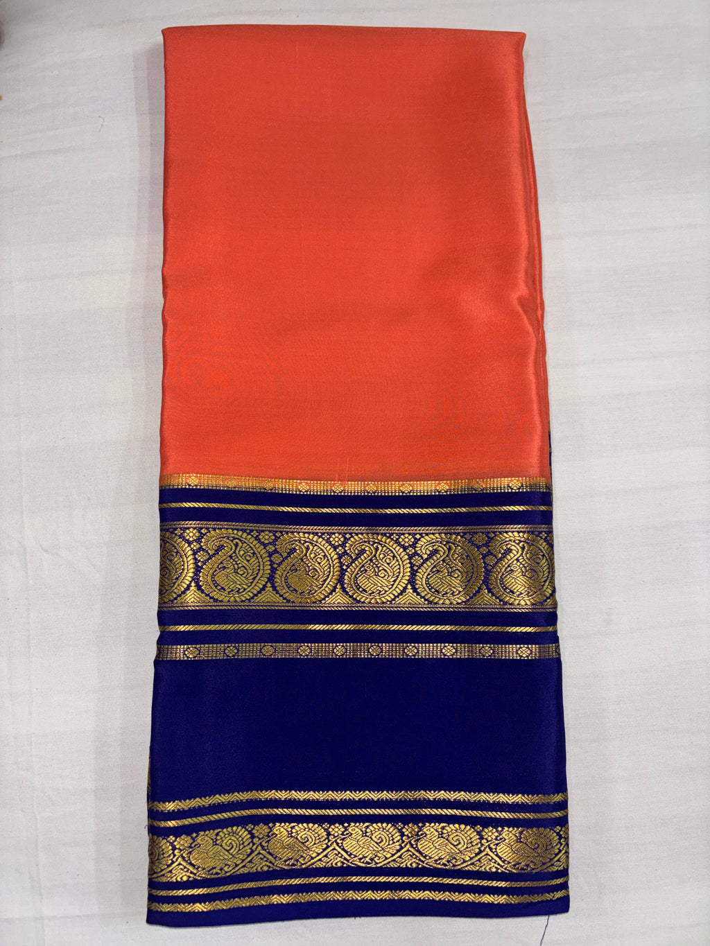100 Grams Crepe Pure Mysore Silk, Benttex Double Border, Orange With Blue Combination