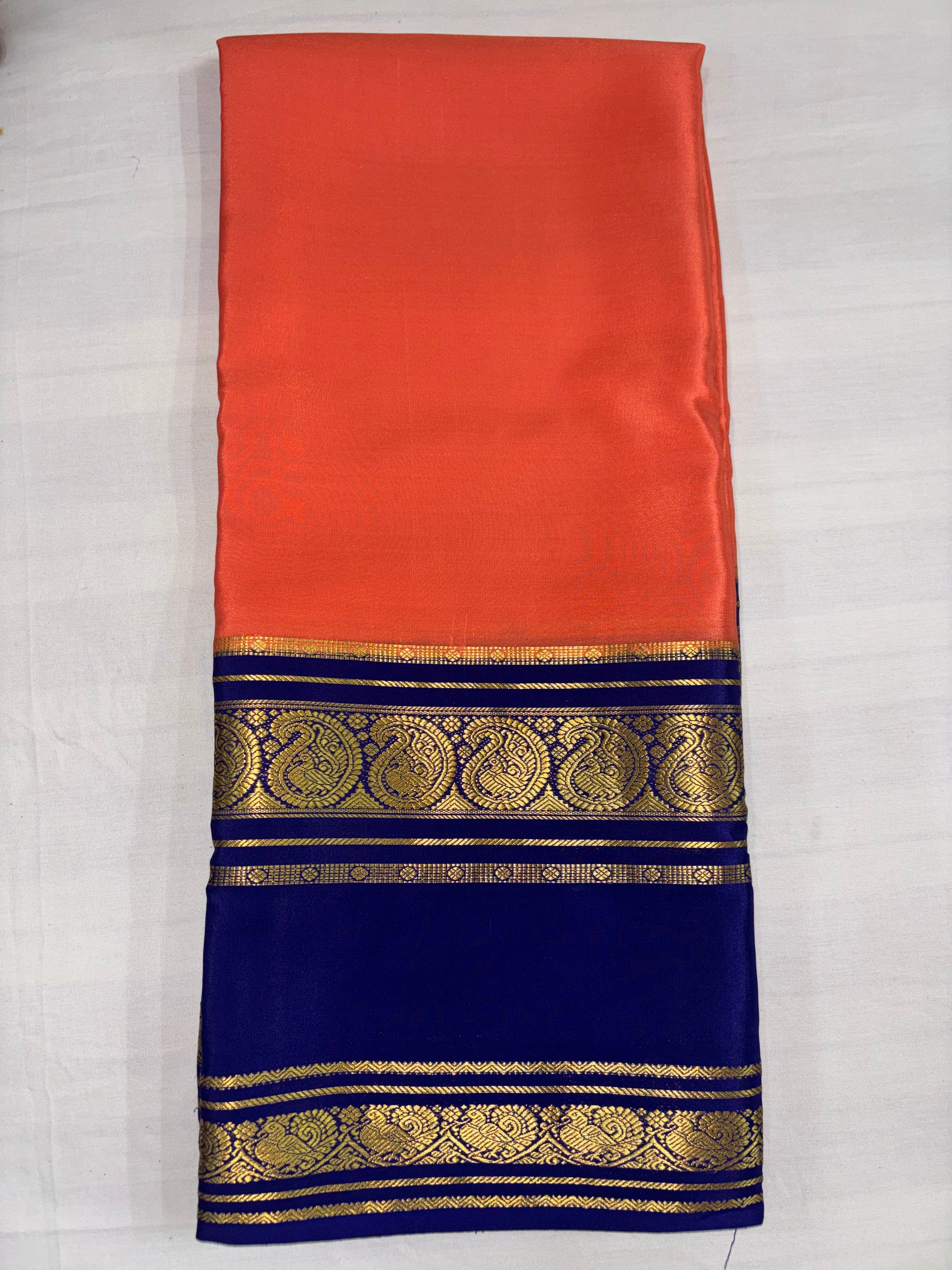 100 Grams Crepe Pure Mysore Silk, Benttex Double Border, Orange With Blue Combination