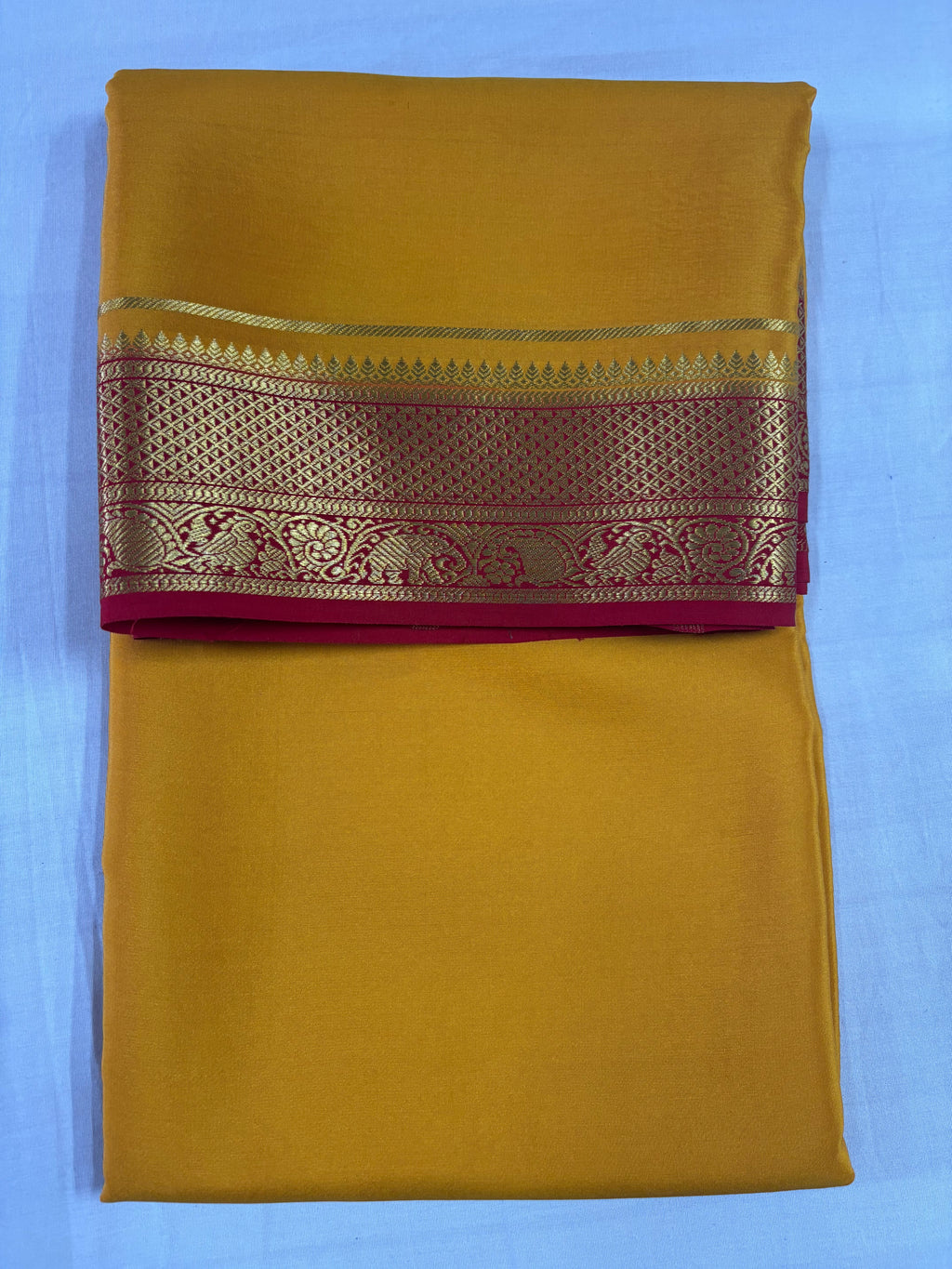 100 GSM Pure Mysore Silk Saree, Diamond Border, Mustard With Maroon Border