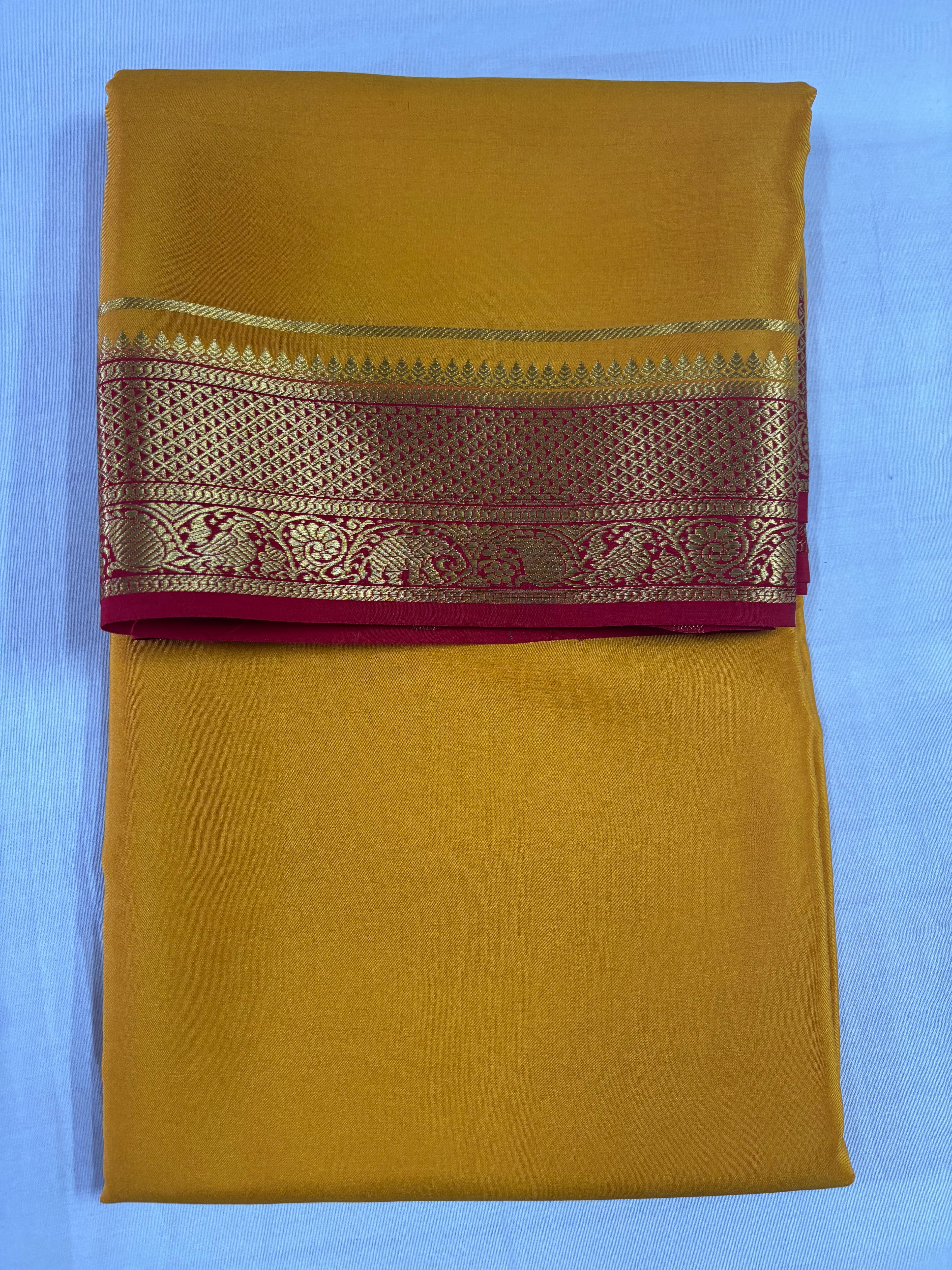 100 GSM Pure Mysore Silk Saree, Diamond Border, Mustard With Maroon Border