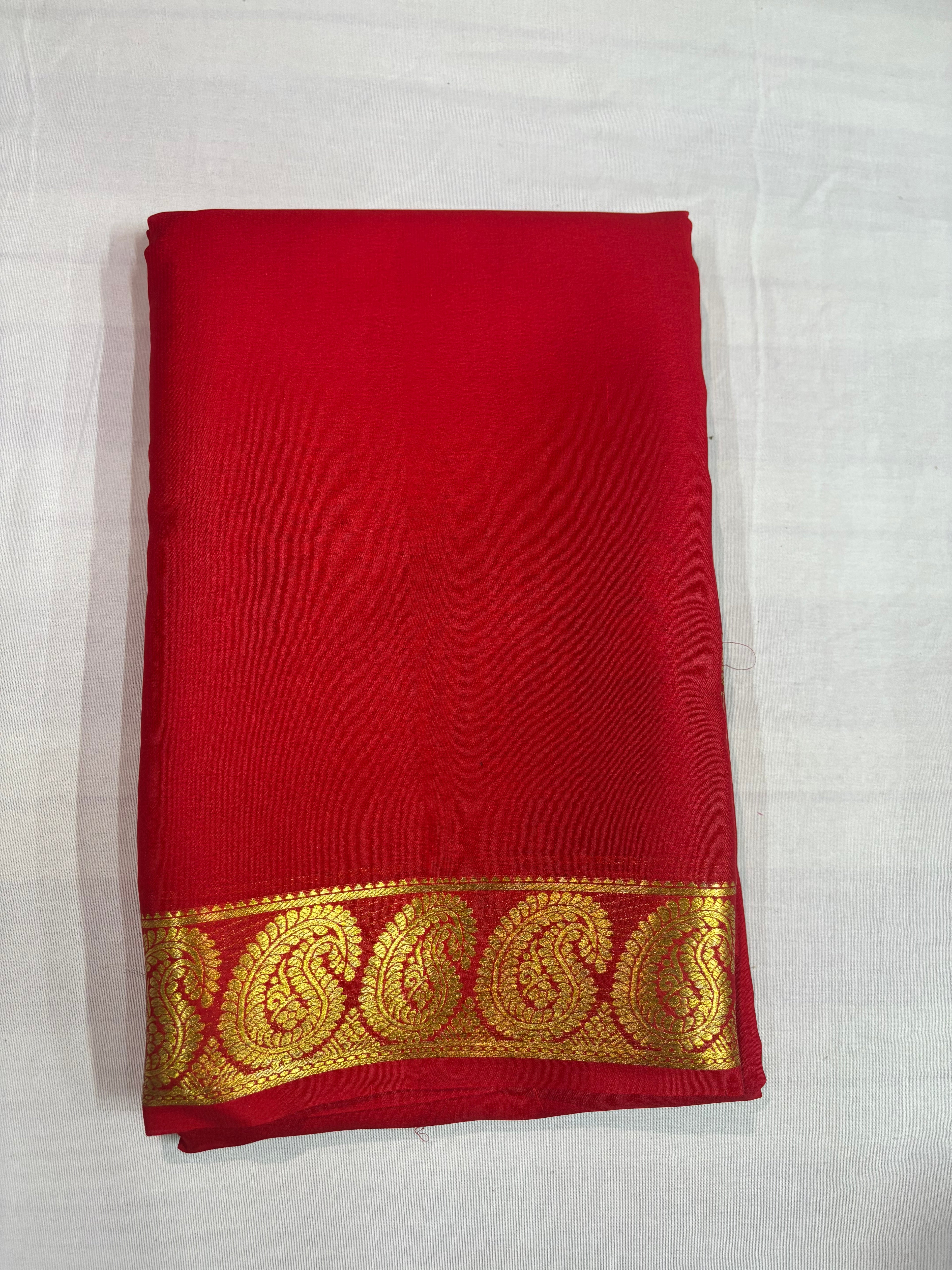 65 GSM Pure Mysore Silk Saree , Mango Border-Red Self Colour