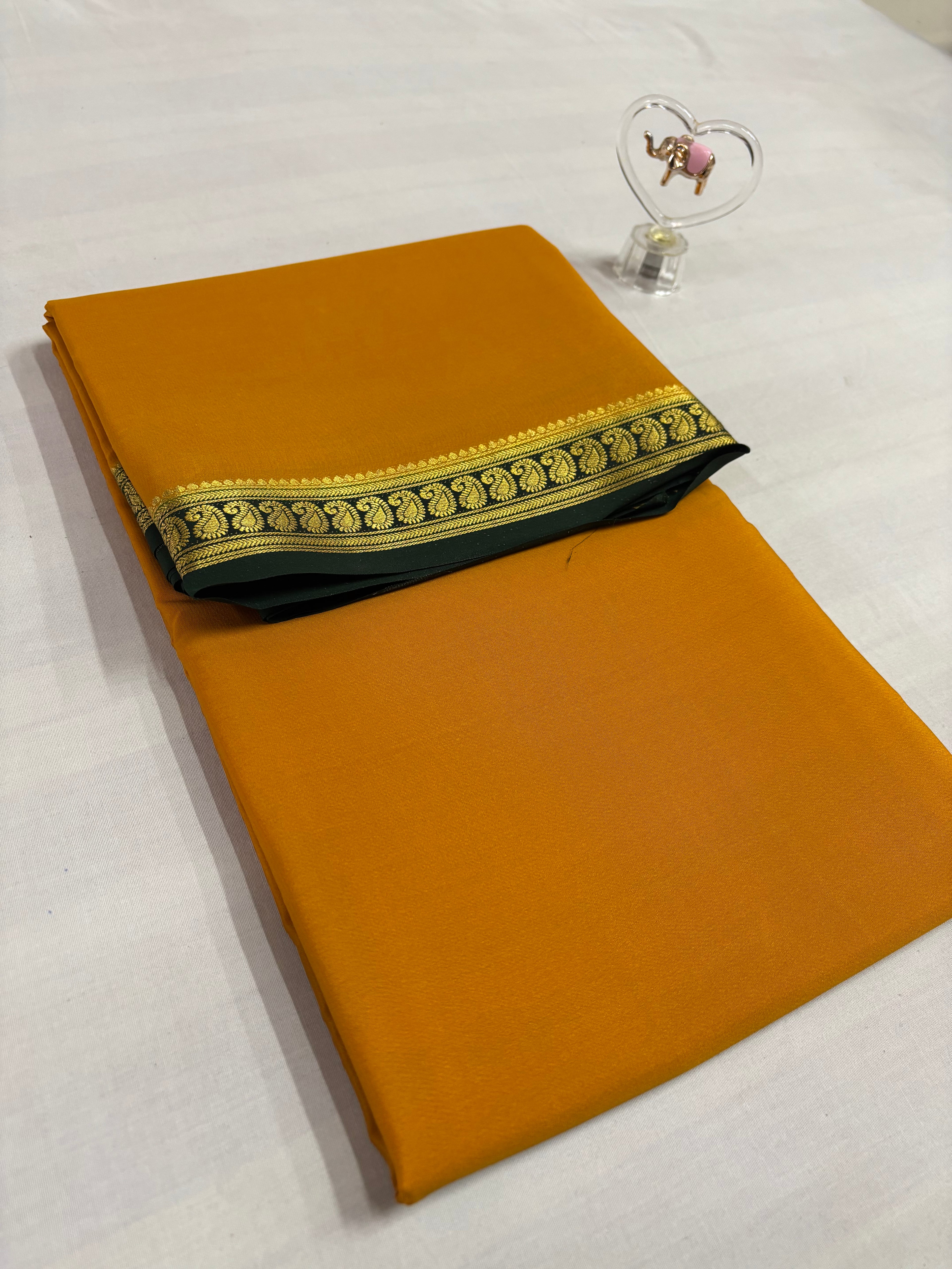 120 GSM Pure Crepe Mysore Silk, Small Mango Border,With Contrast ,Mustard And Bottle Green