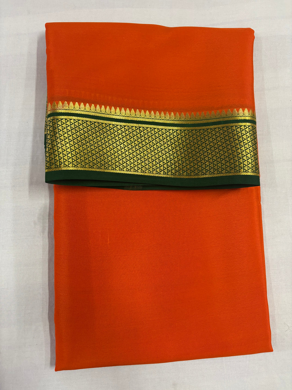 100 GSM Pure Mysore Silk Saree, Diamond Border,Orange With Bottle Green Border