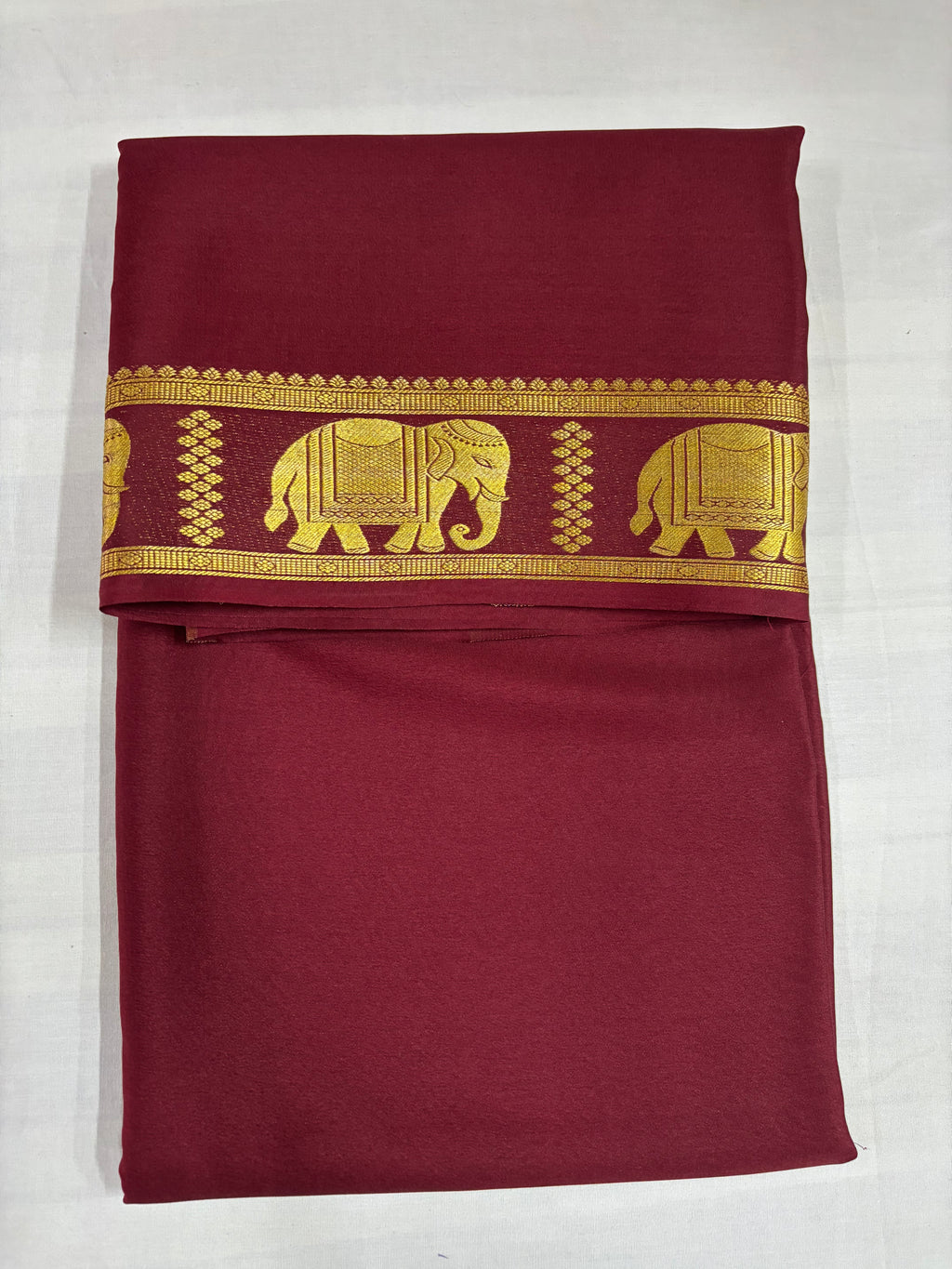 (Limited Exclusive) 90 GSM Pure Mysore Silk Saree, Maroon Self-Colour Elephant Border