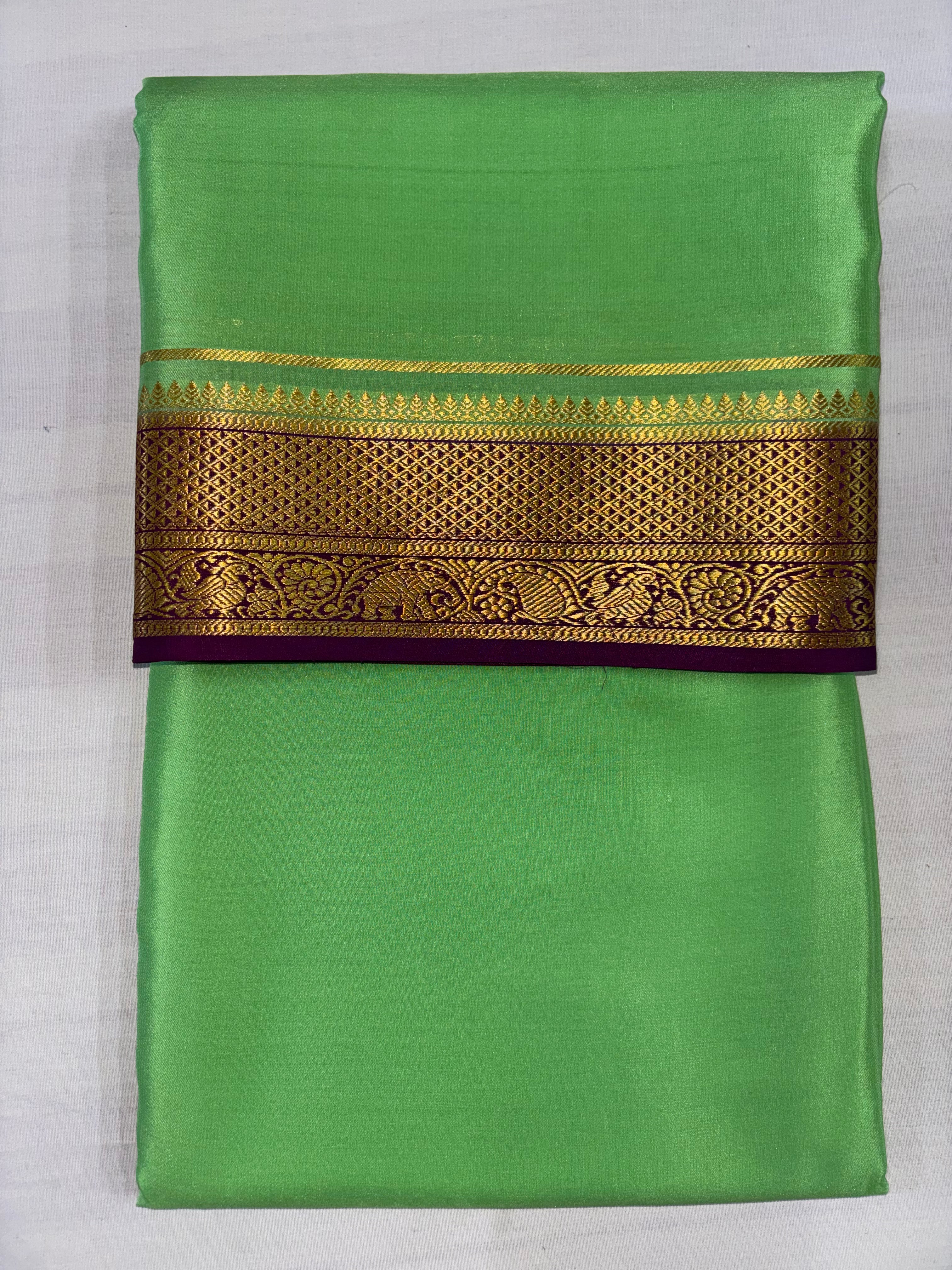 100 GSM Pure Mysore Silk Saree, Diamond Border, Light Green With Purple Border