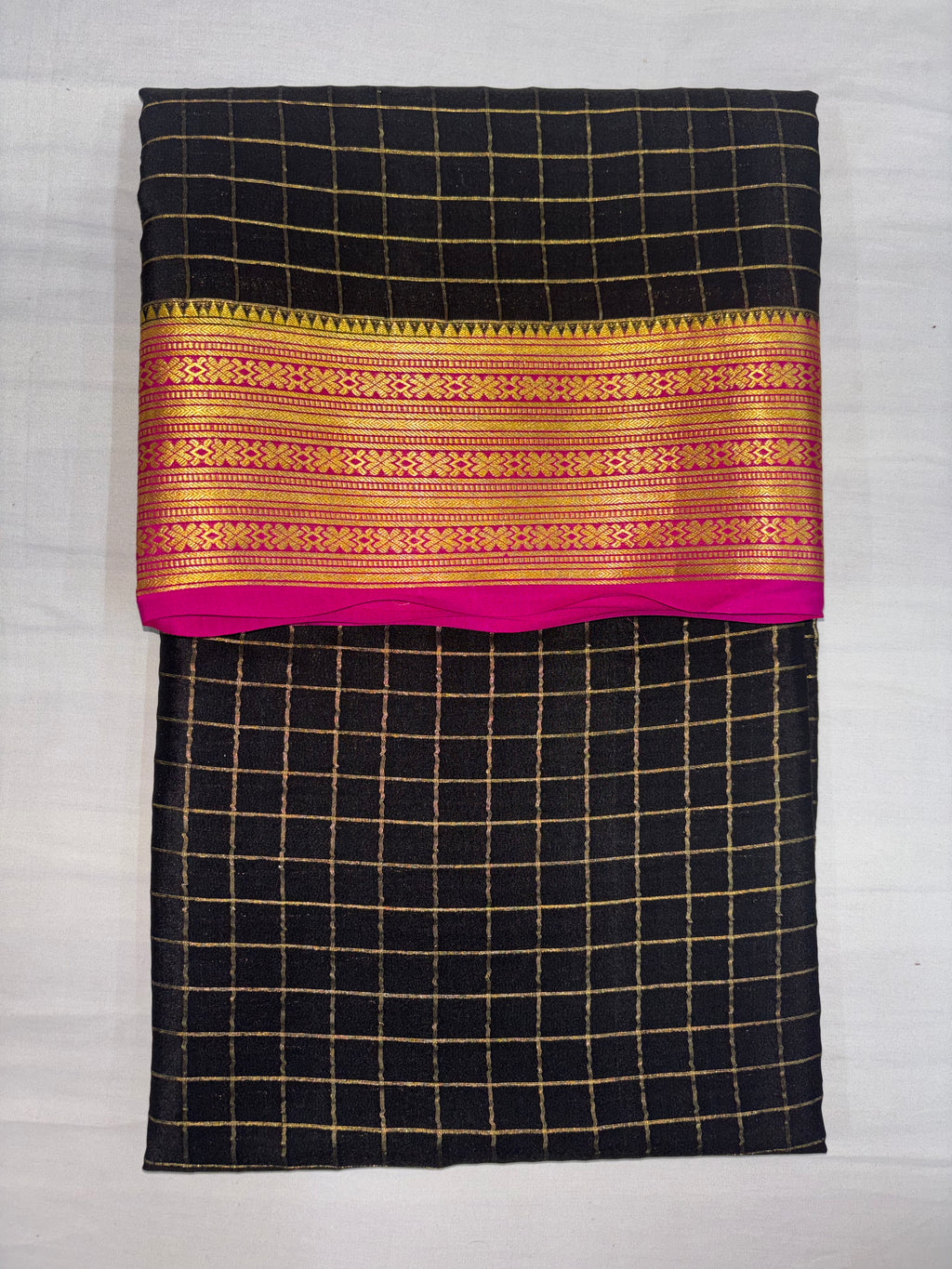 100 GSM Pure Crepe Mysore Silk Checks Saree – Black with Pink Contrast Border