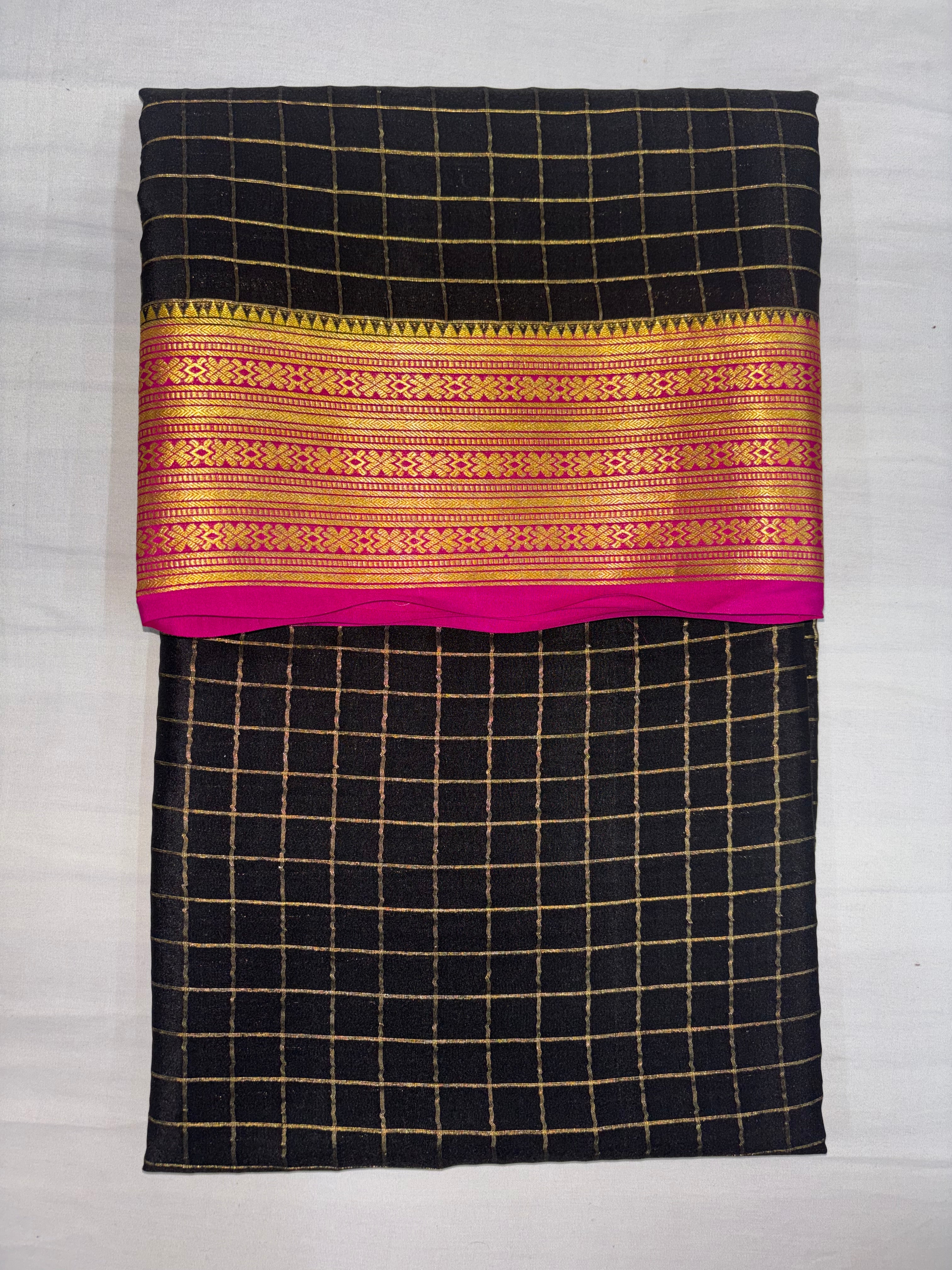 100 GSM Pure Crepe Mysore Silk Checks Saree – Black with Pink Contrast Border
