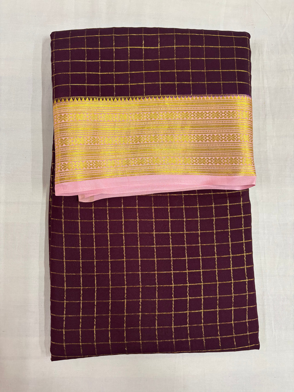 100 GSM Pure Crepe Mysore Silk Checks Saree – Maroon with Baby Pink Contrast Border