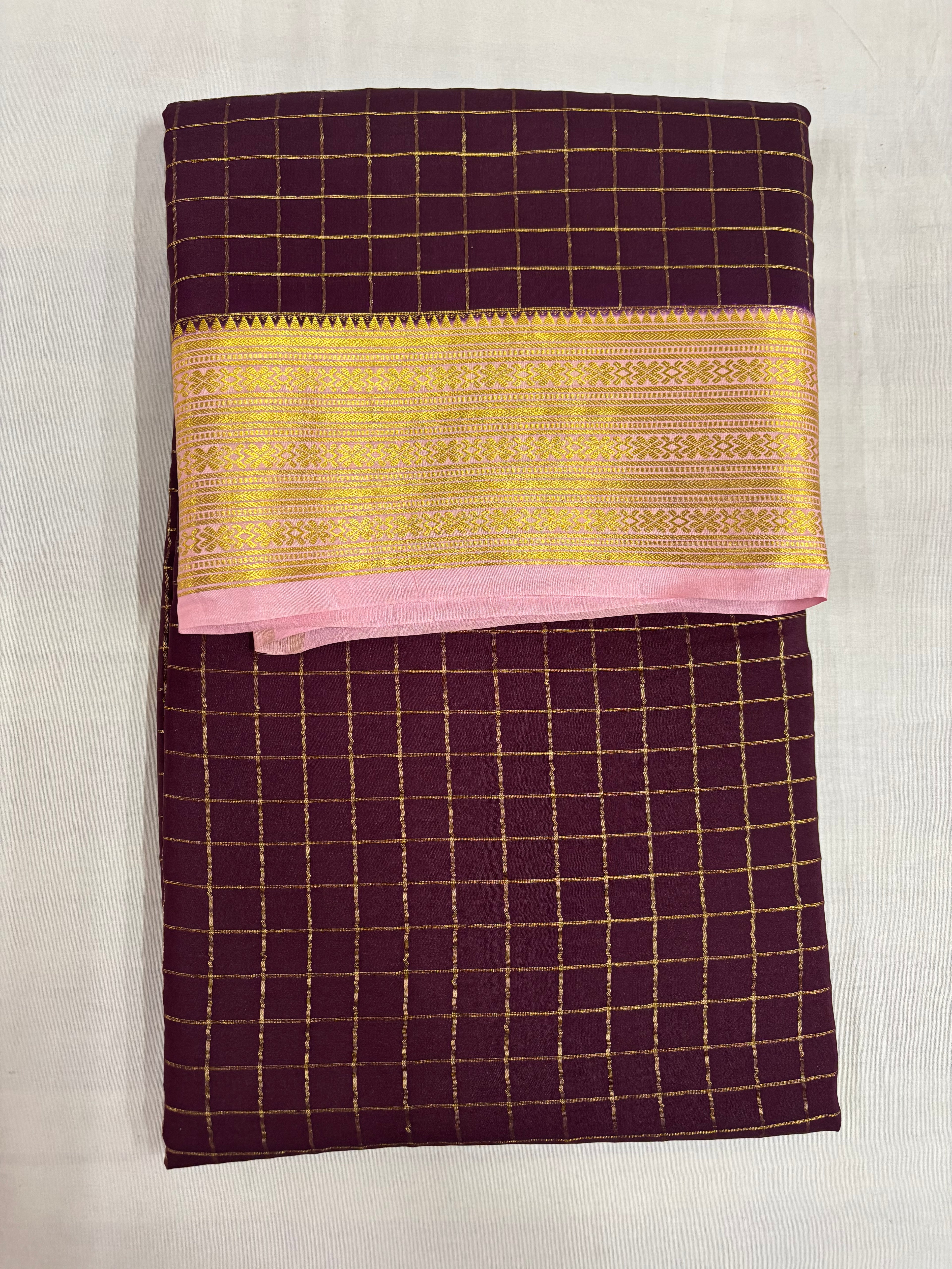 100 GSM Pure Crepe Mysore Silk Checks Saree – Maroon with Baby Pink Contrast Border