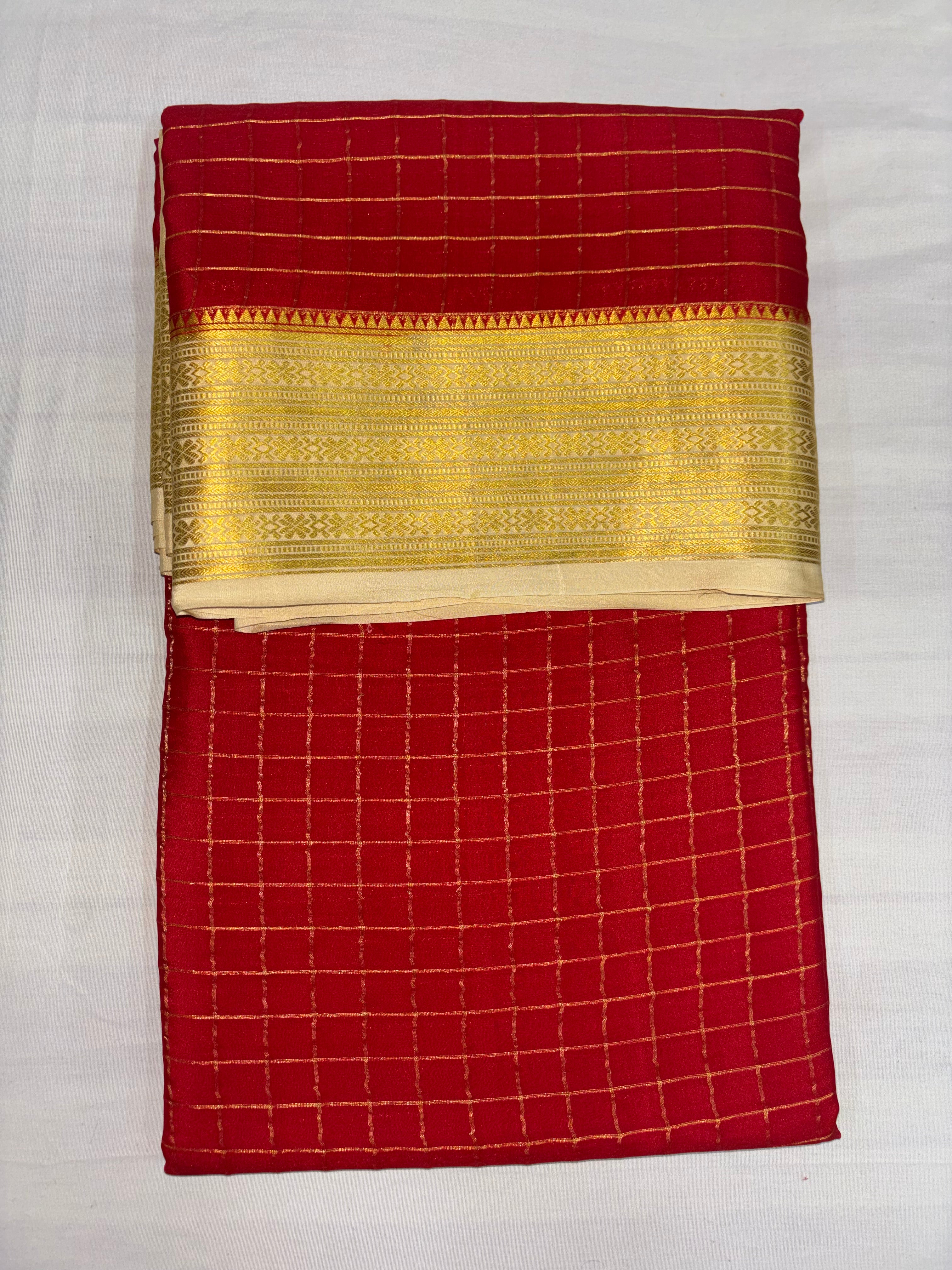 100 GSM Pure Crepe Mysore Silk Checks Saree – Red with Half White Contrast Border