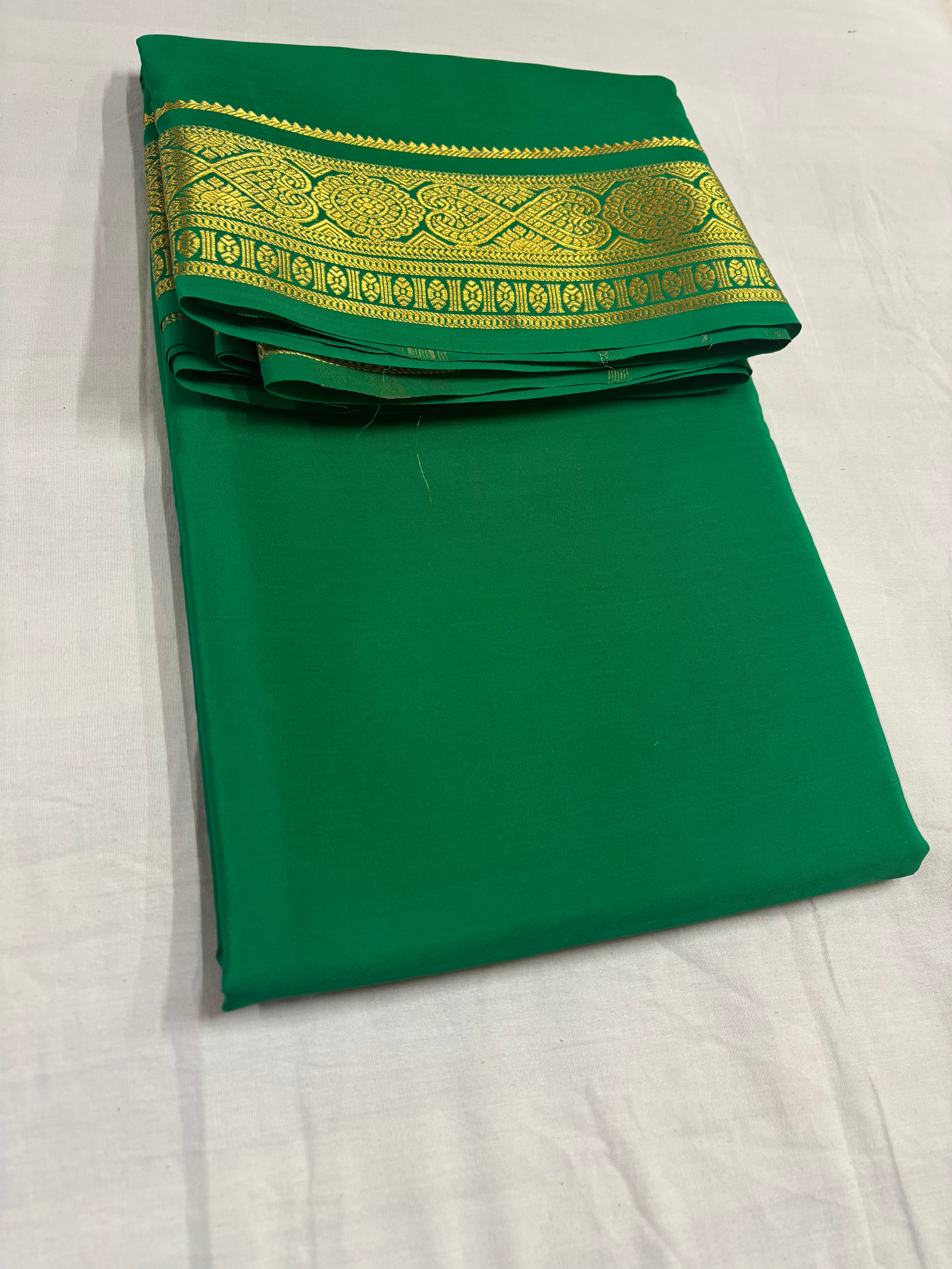 100 GSM Pure Mysore Silk Self Colour With 3-Inch Border Dark Green Colour Saree