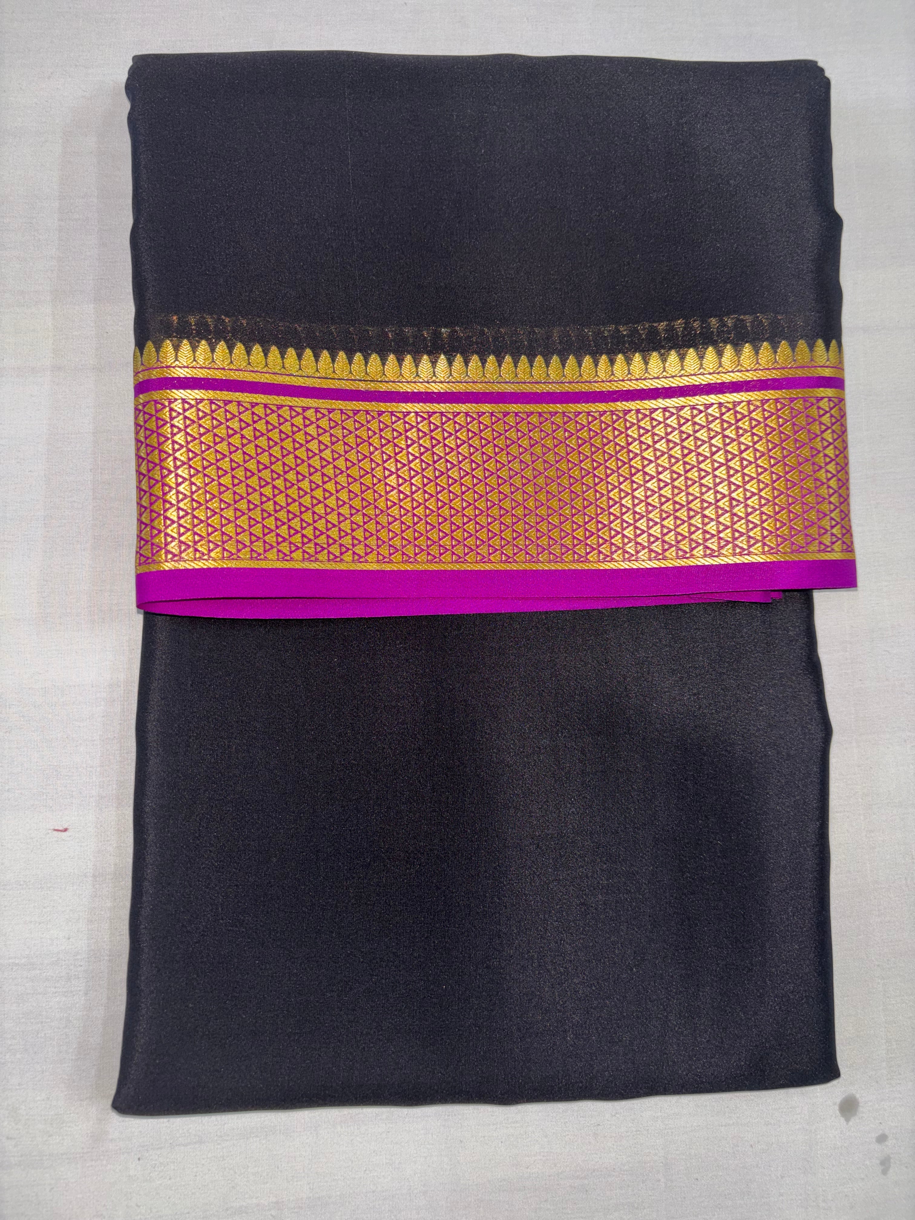 100 GSM Pure Mysore Silk Saree, Diamond Border, Black With Pink Border