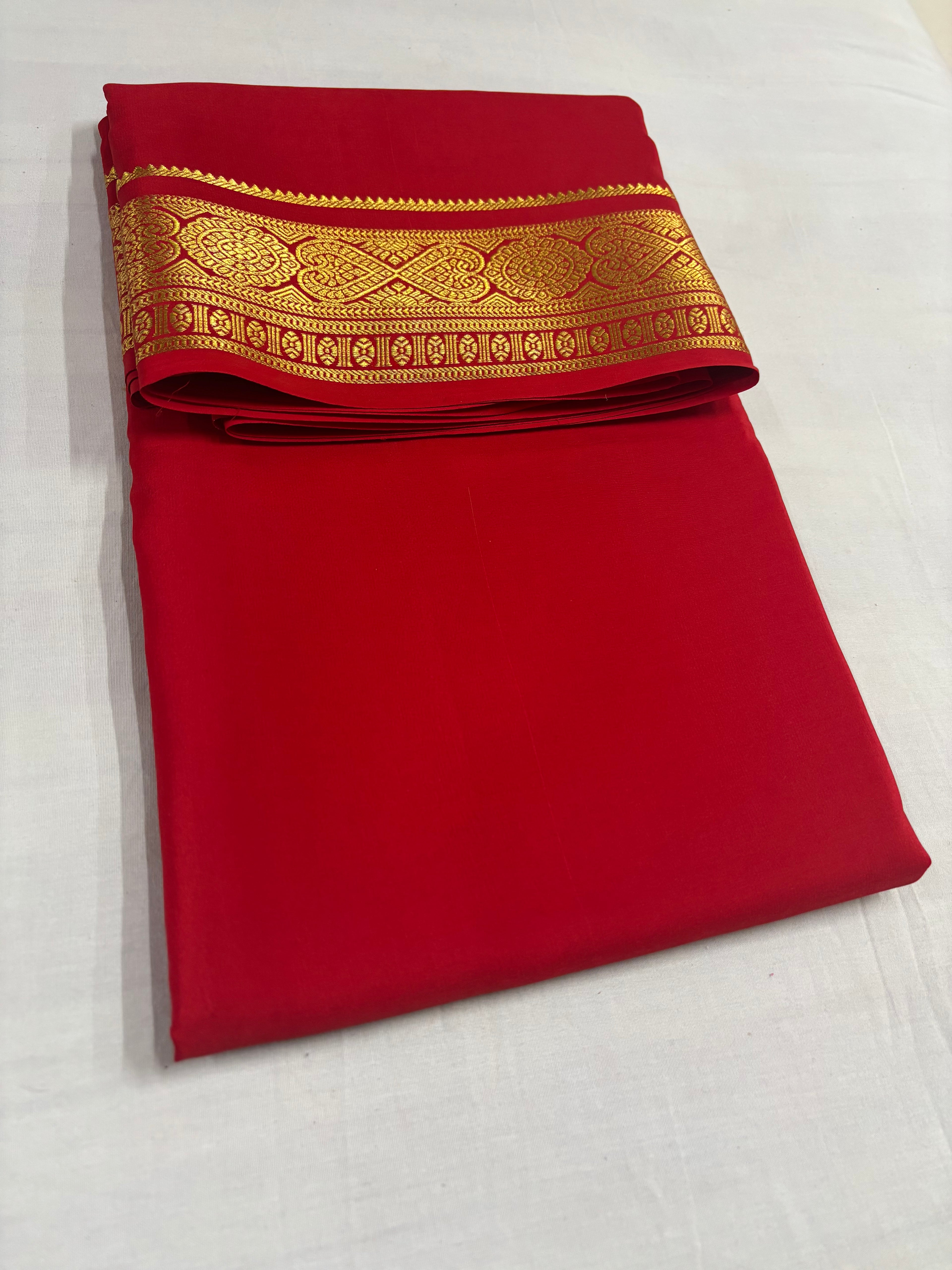 100 GSM Pure Mysore Silk Self Colour With 3-Inch Border Red Colour Saree