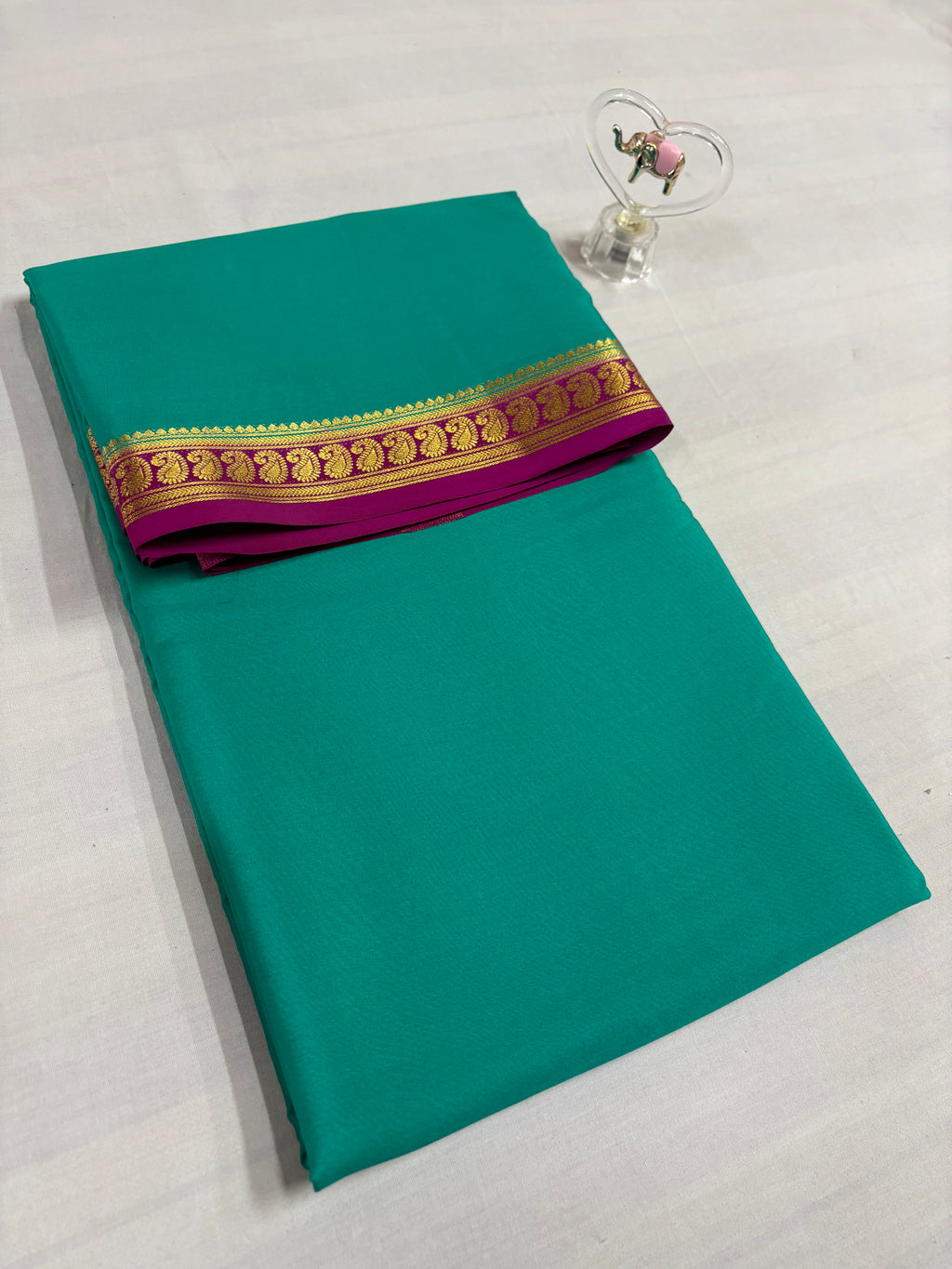 120 GSM Pure Crepe Mysore Silk, Small Mango Border,With Contrast ,Ananda And Pink