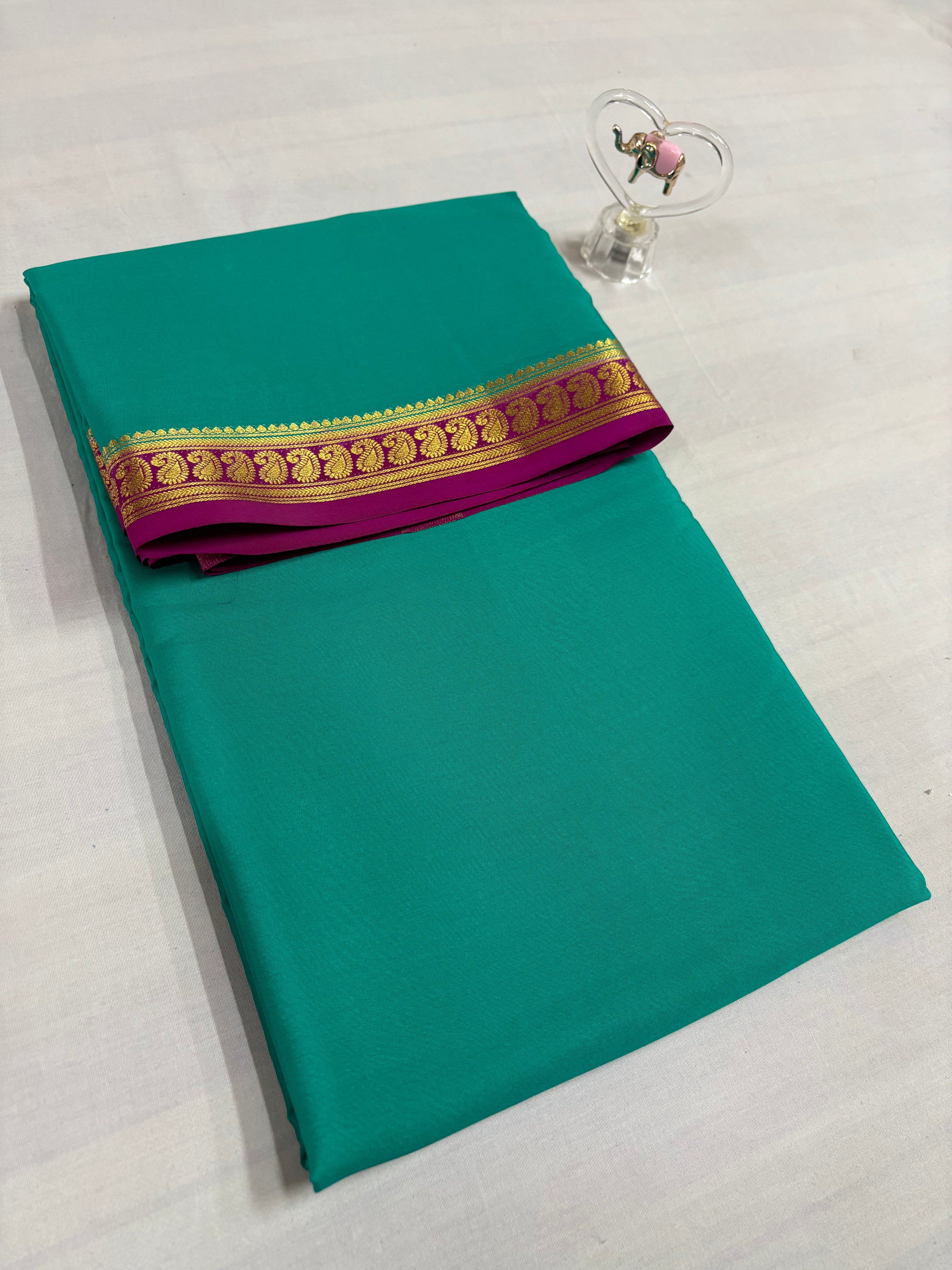 120 GSM Pure Crepe Mysore Silk, Small Mango Border,With Contrast ,Ananda And Pink