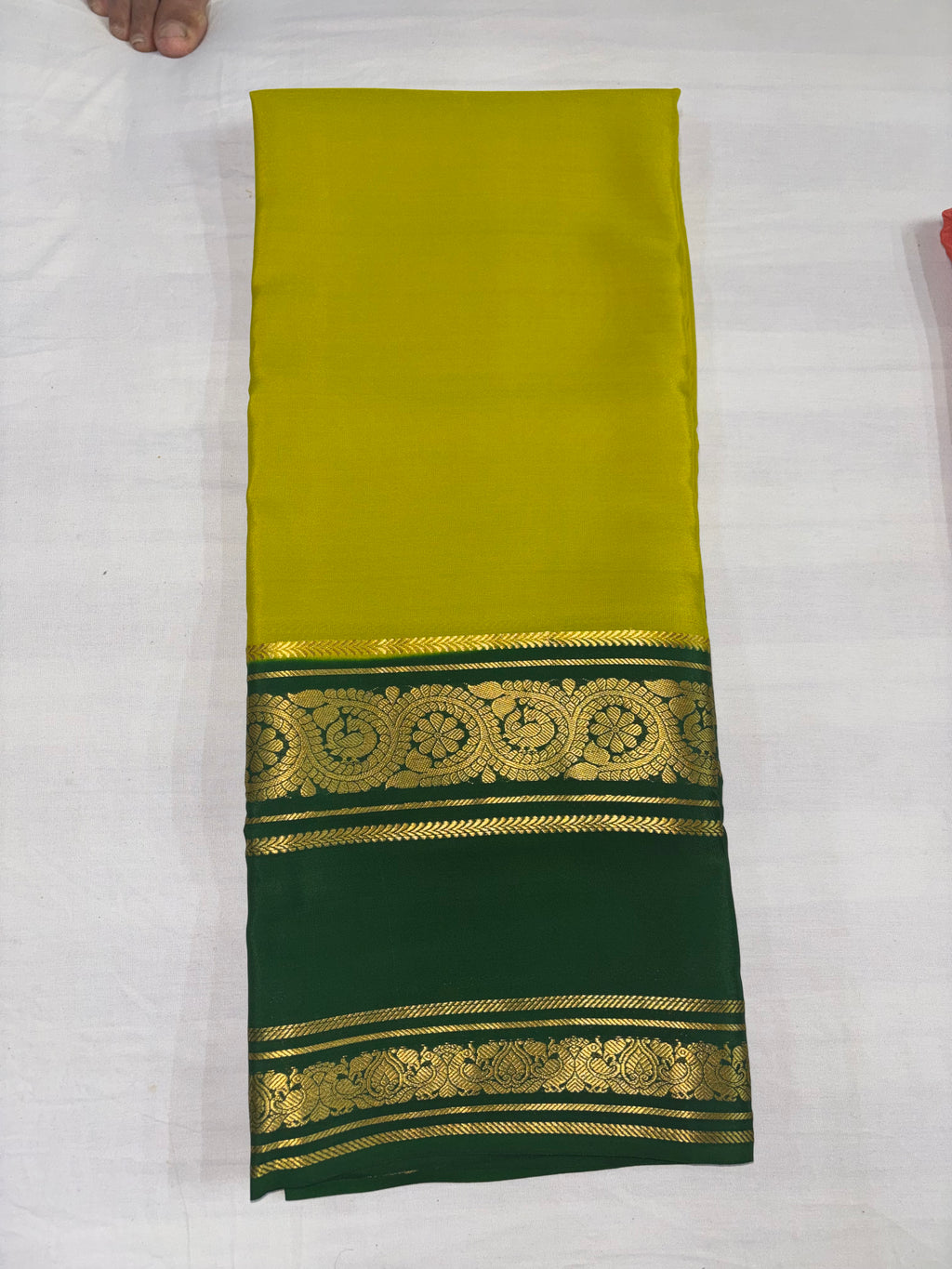 100 Grams Crepe Pure Mysore Silk, Benttex Double Border, Mustard With Bottle Green Combination