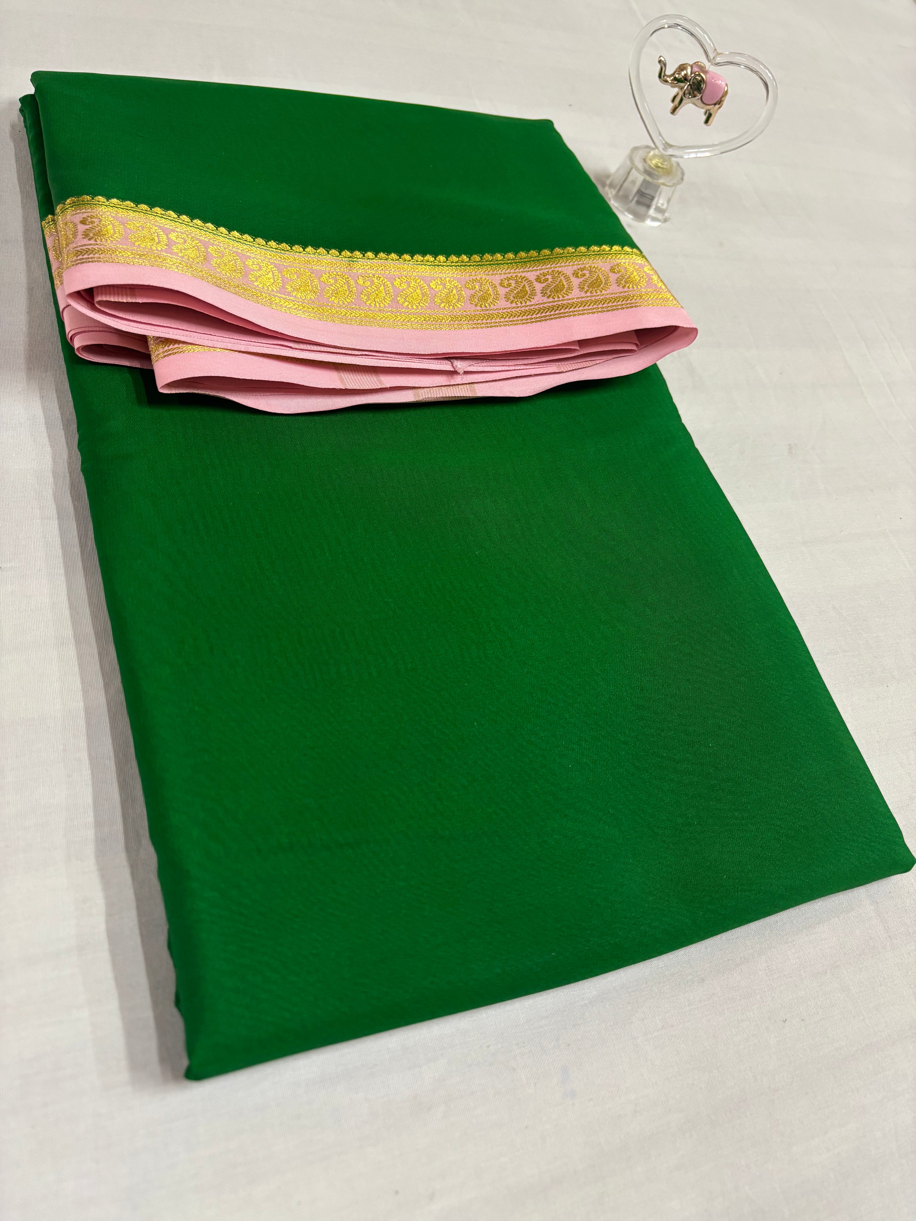 120 GSM Pure Crepe Mysore Silk, Small Mango Border,With Contrast ,Green And Baby Pink