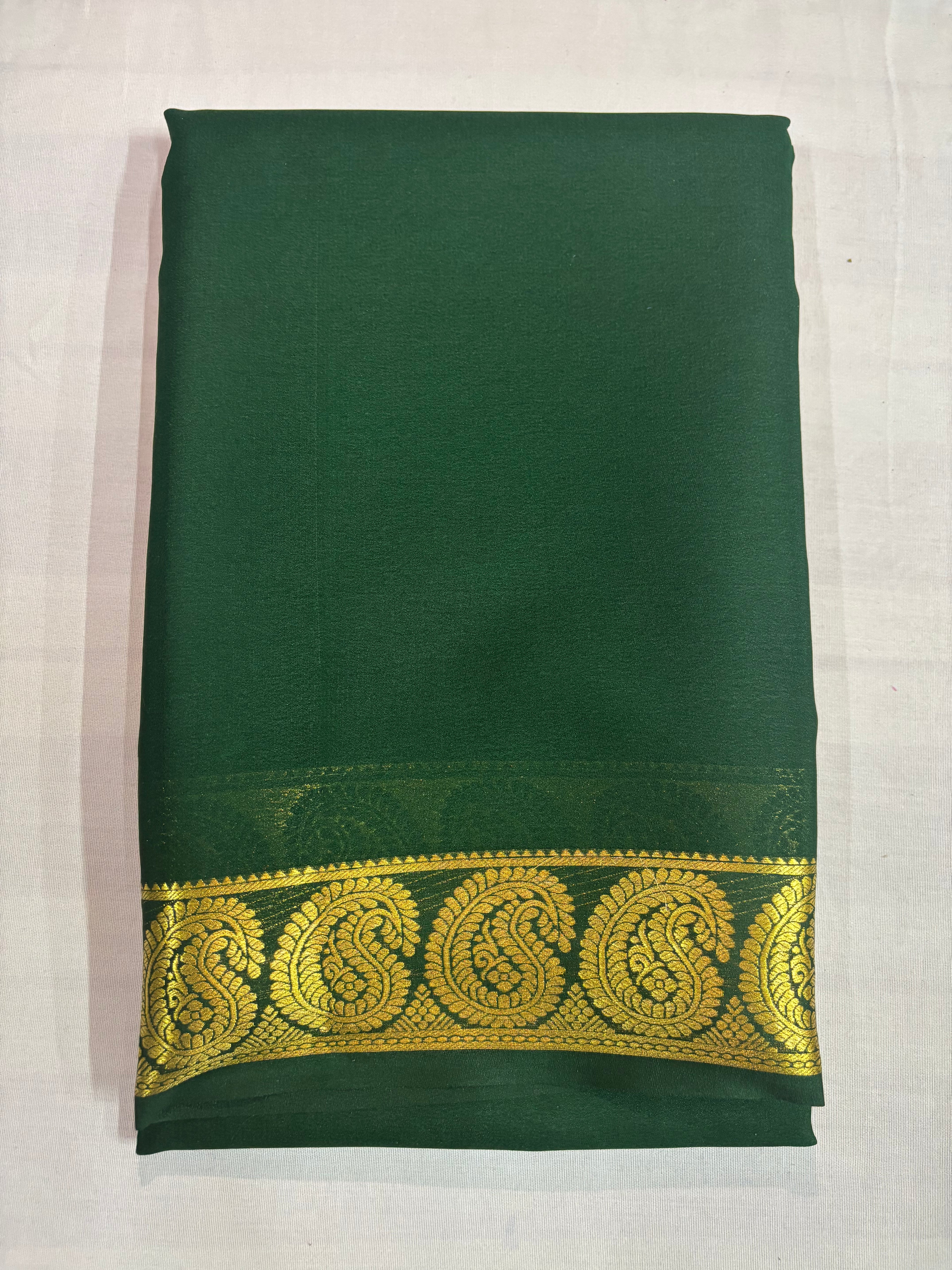 65 GSM Pure Mysore Silk Saree , Mango Border- Bottle Green Self Colour