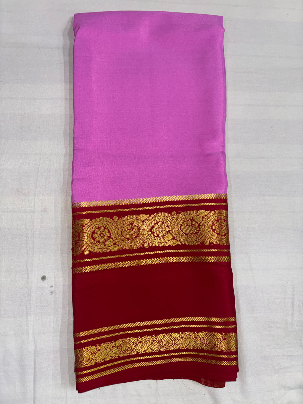 100 Grams Crepe Pure Mysore Silk, Benttex Double Border, Baby Pink With Red Combination
