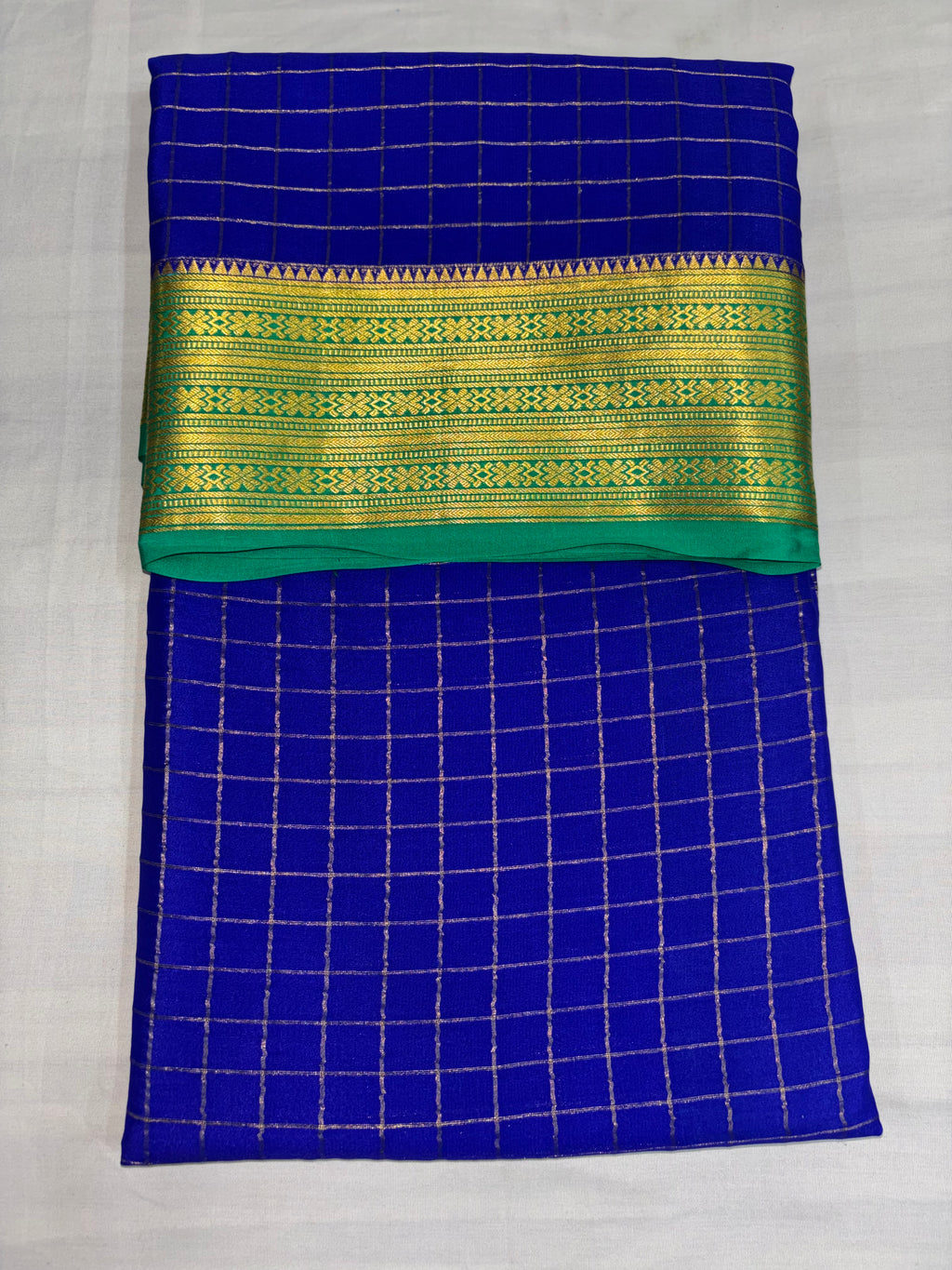100 GSM Pure Crepe Mysore Silk Checks Saree – Royal Blue with Light Rama Contrast Border (Copy)