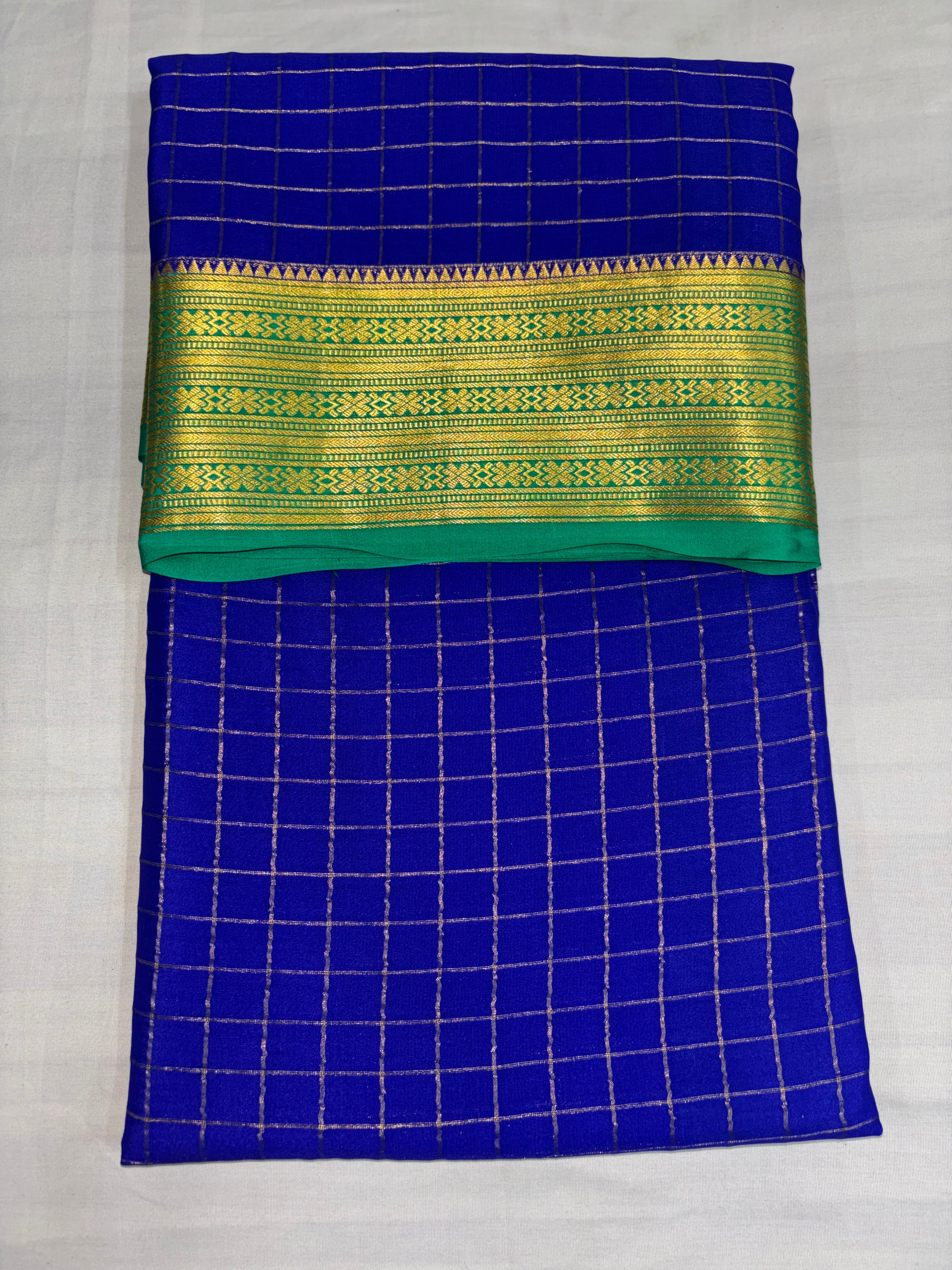100 GSM Pure Crepe Mysore Silk Checks Saree – Royal Blue with Light Rama Contrast Border (Copy)