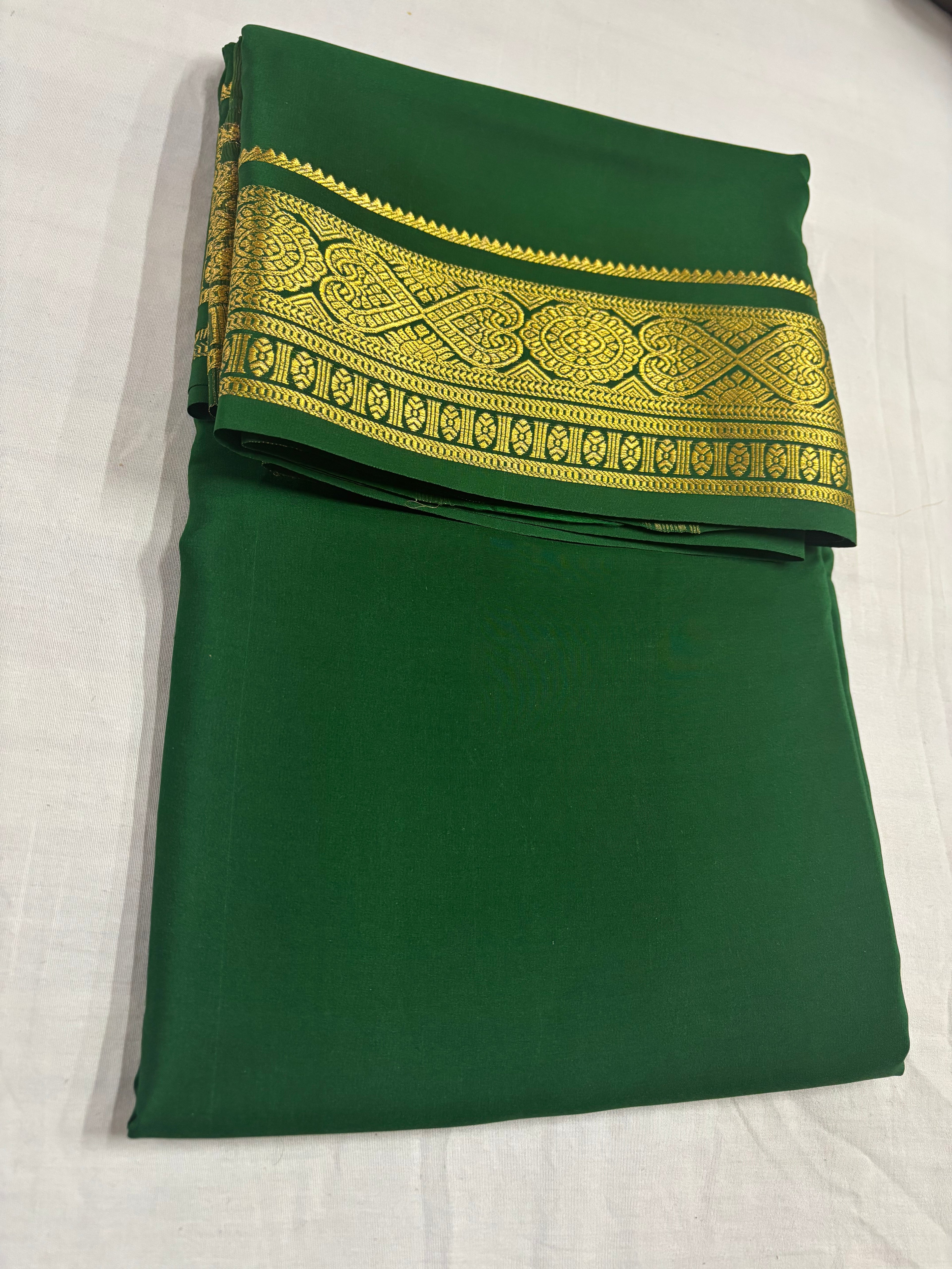 100 GSM Pure Mysore Silk Self Colour With 3-Inch Border Bottle Green Colour Saree
