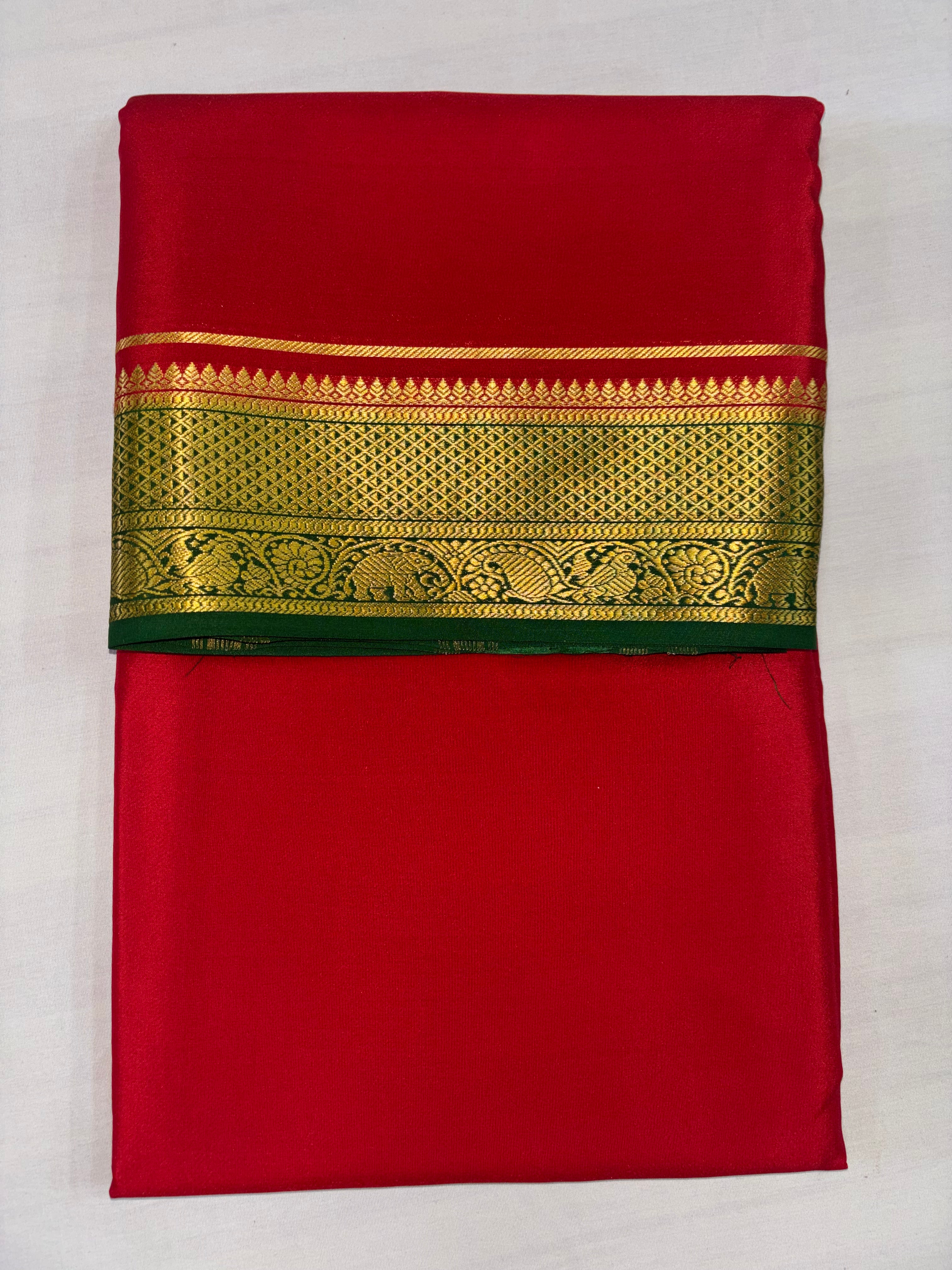 100 GSM Pure Mysore Silk Saree, Diamond Border, Red With Bottle Green Border