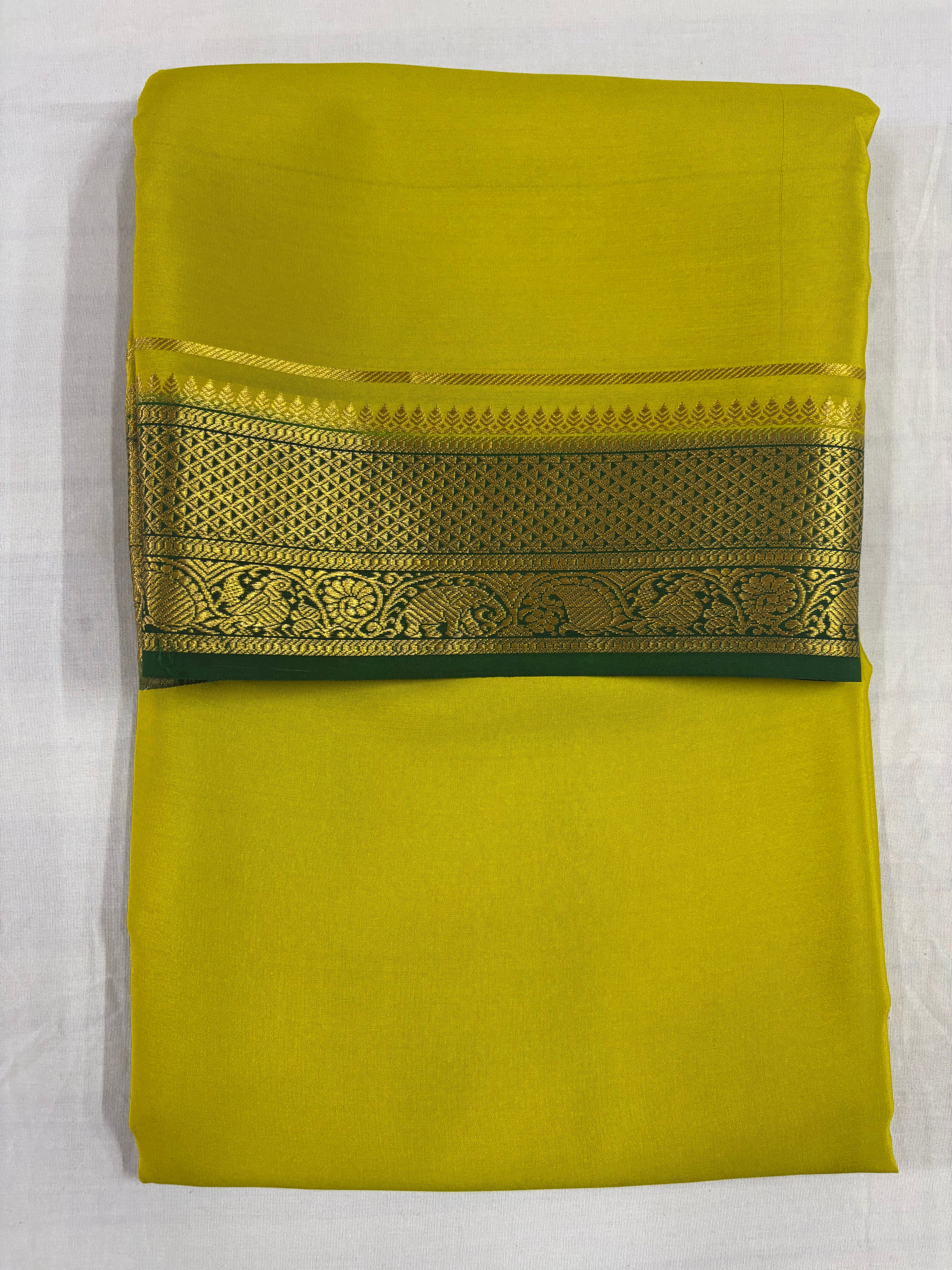 100 GSM Pure Mysore Silk Saree, Diamond Border, Olive Green With Bottle Green Border