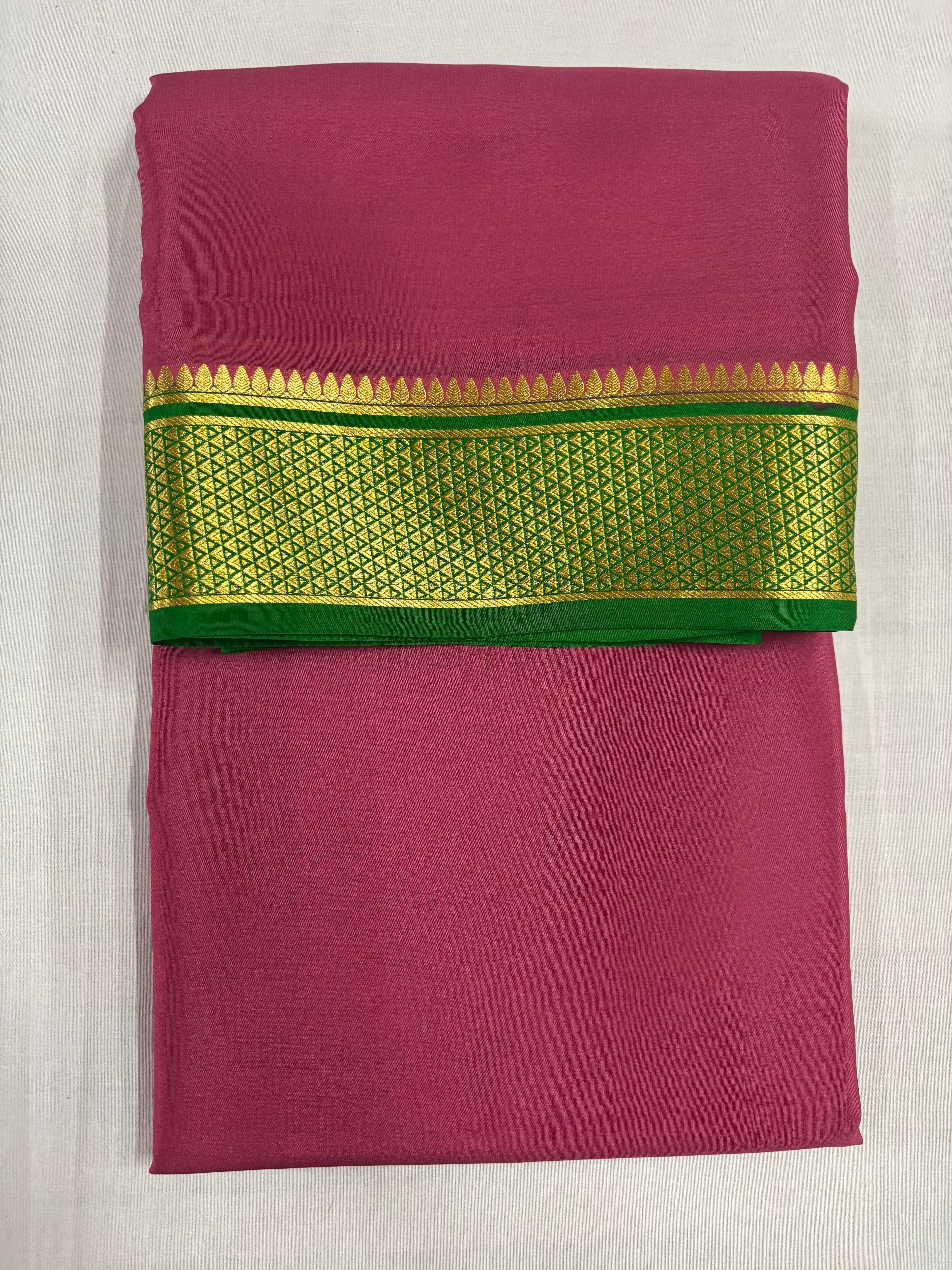 100 GSM Pure Mysore Silk Saree, Diamond Border, Magenta With Green Border