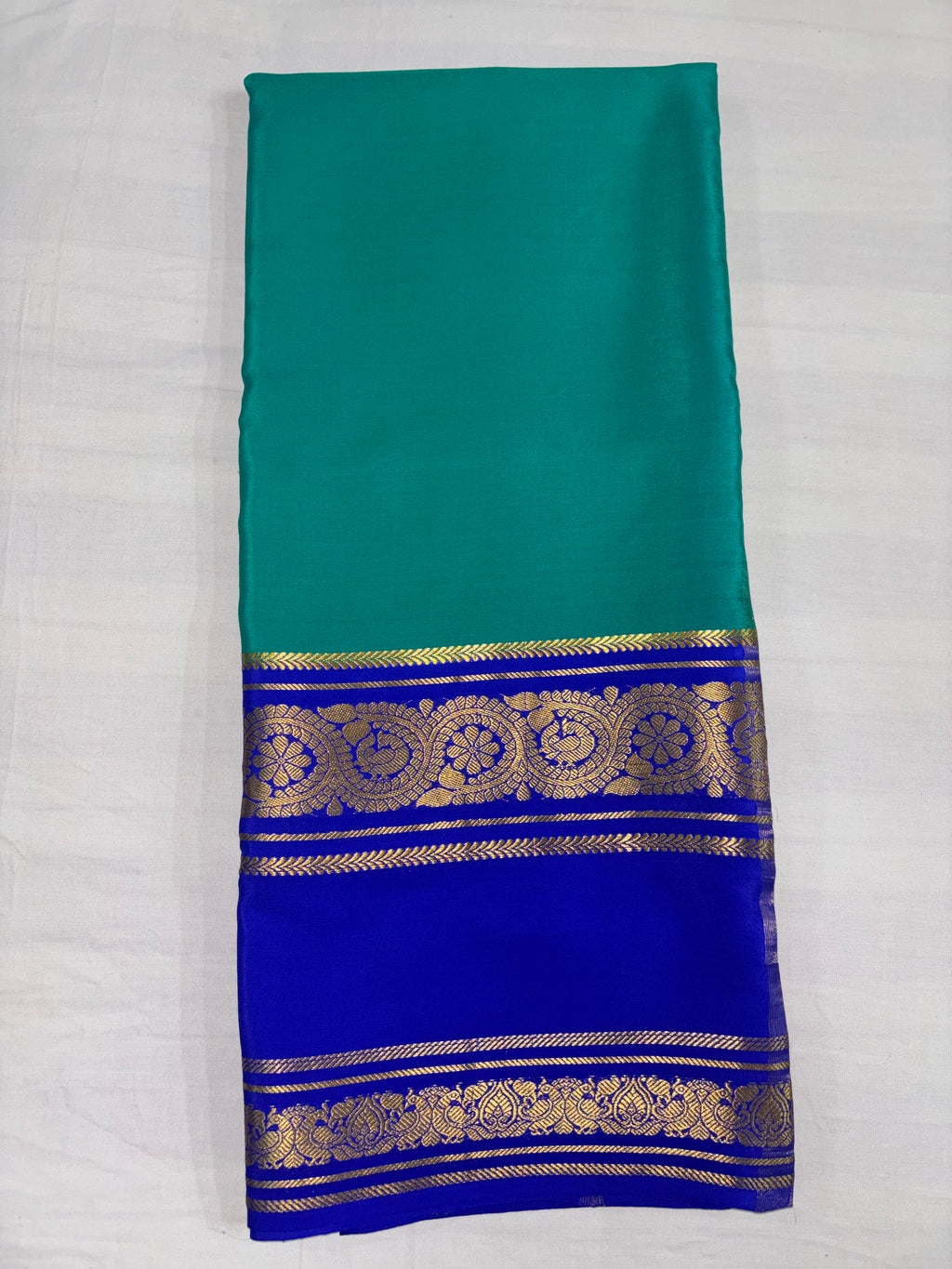 100 Grams Crepe Pure Mysore Silk, Benttex Double Border, Ananda With Blue Combination