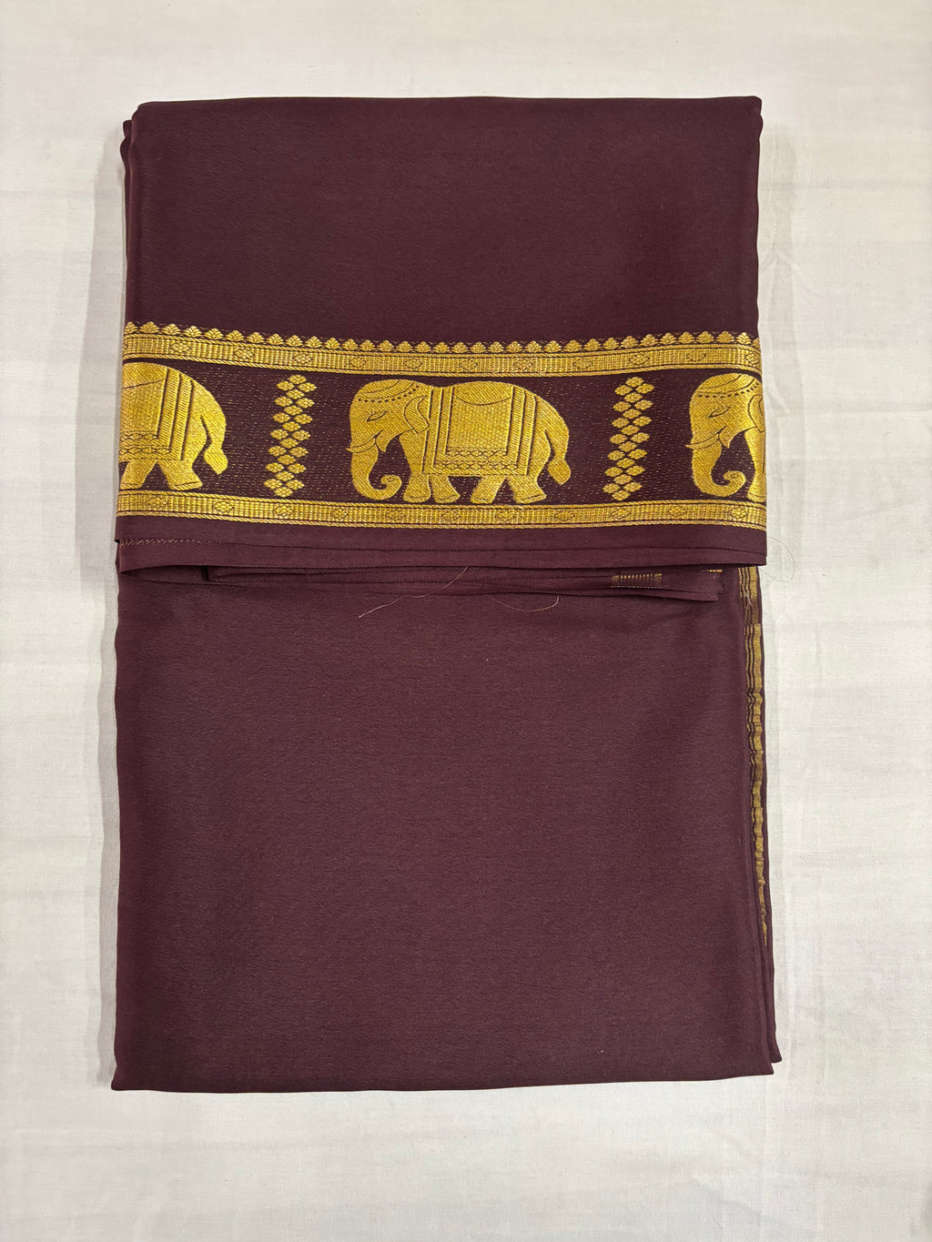 (Limited Exclusive) 90 GSM Pure Mysore Silk Saree, Brown Self-Colour Elephant Border