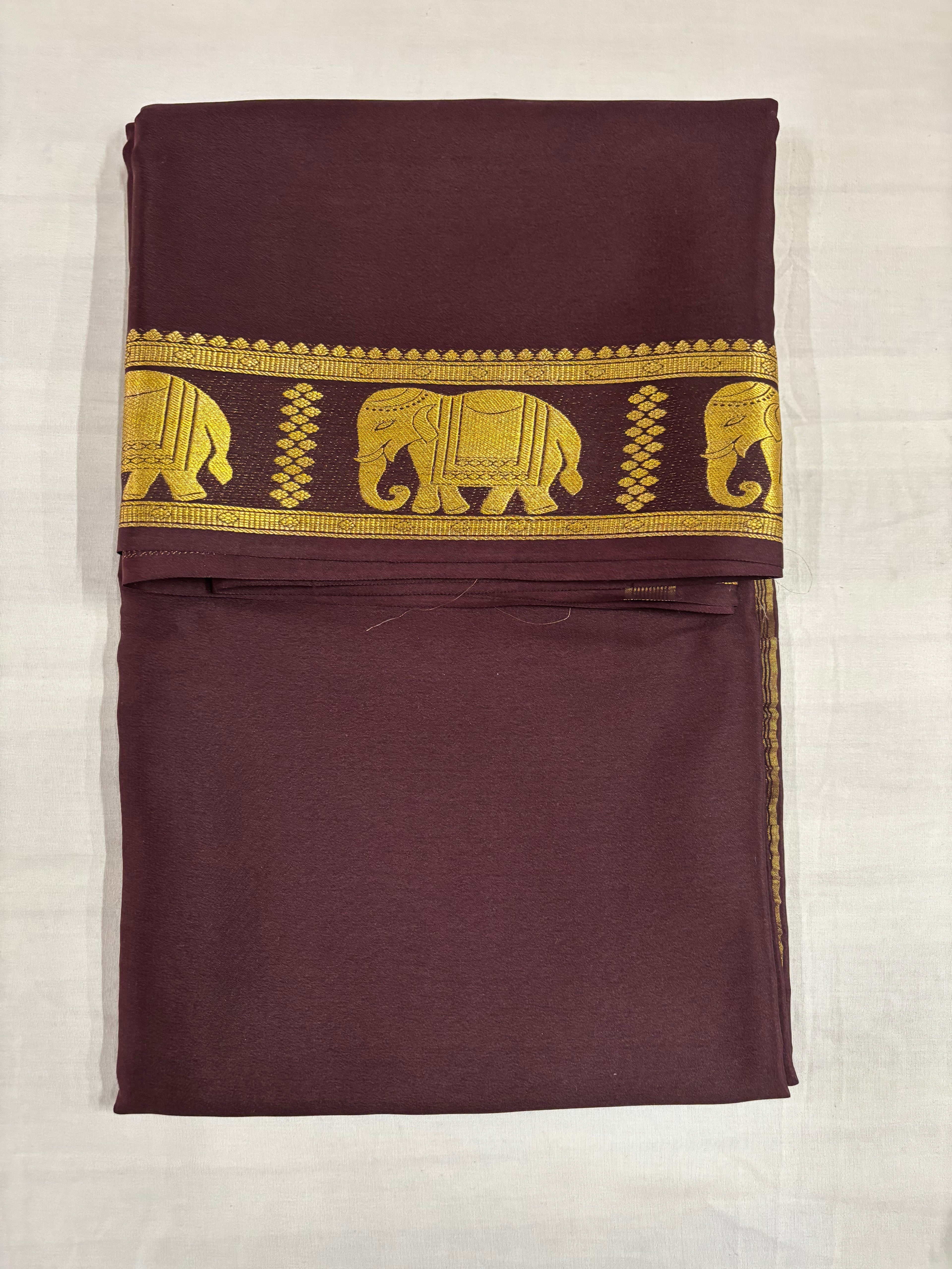 (Limited Exclusive) 90 GSM Pure Mysore Silk Saree, Brown Self-Colour Elephant Border