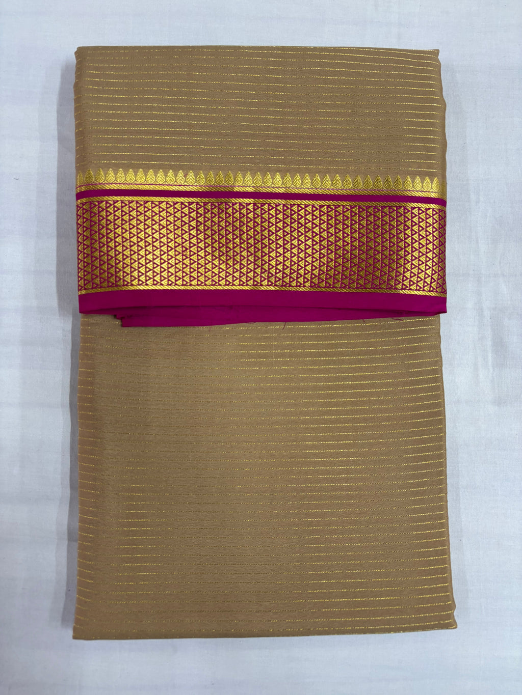 100 GSM Pure Mysore Silk Chiku Colour Saree, Jari Salari With Contrast Gatti Border
