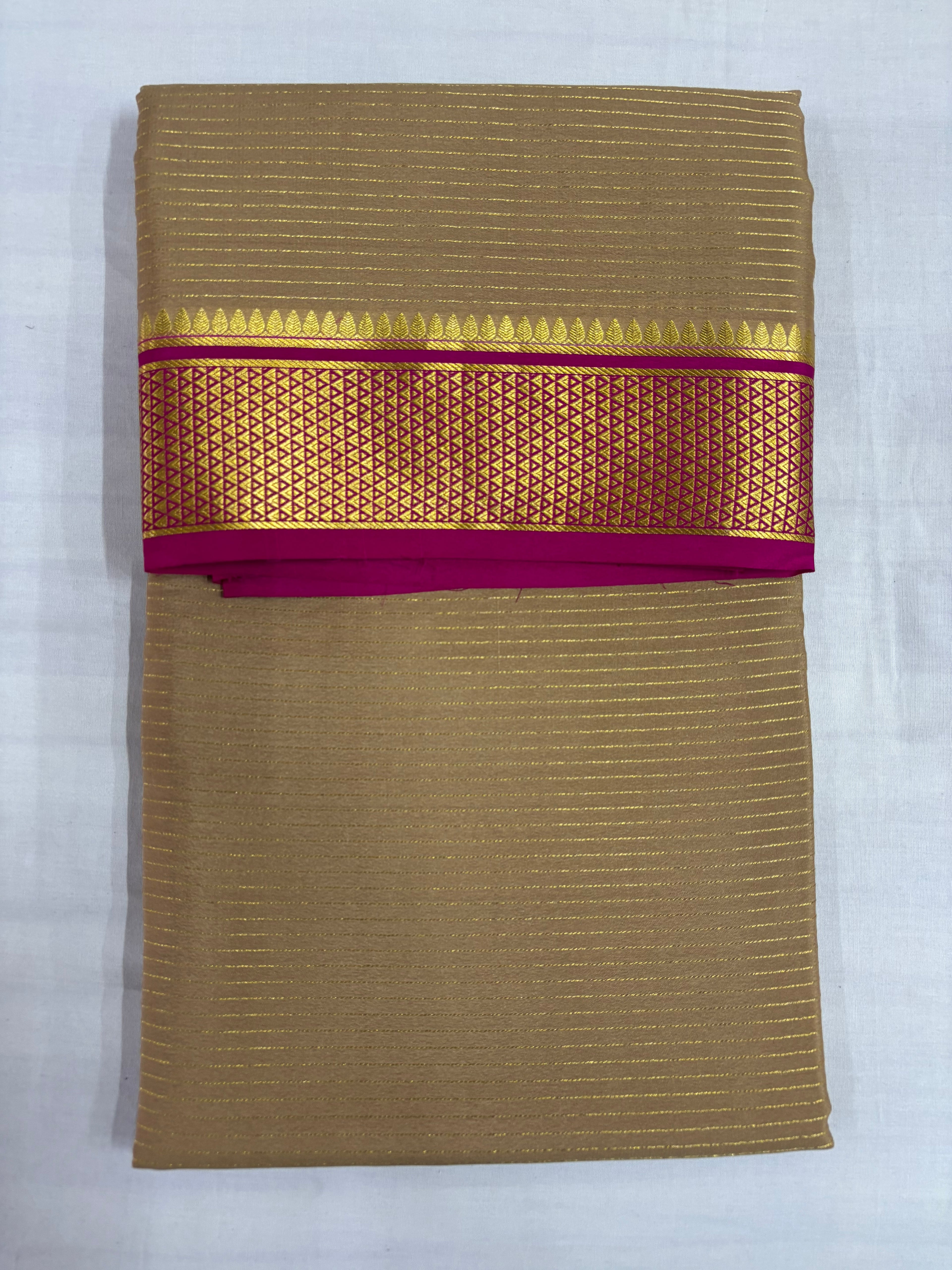 100 GSM Pure Mysore Silk Chiku Colour Saree, Jari Salari With Contrast Gatti Border