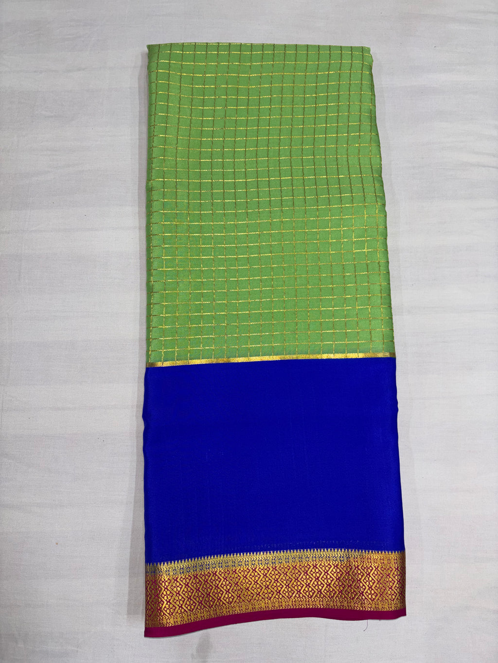 100 GSM 3D Pure Mysore Silk Saree , Light Green , Blue and Magenta