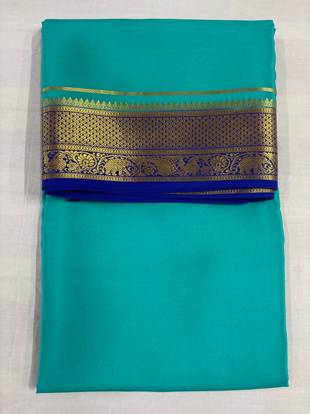 100 GSM Pure Mysore Silk Saree, Diamond Border,Ananda With Blue Border