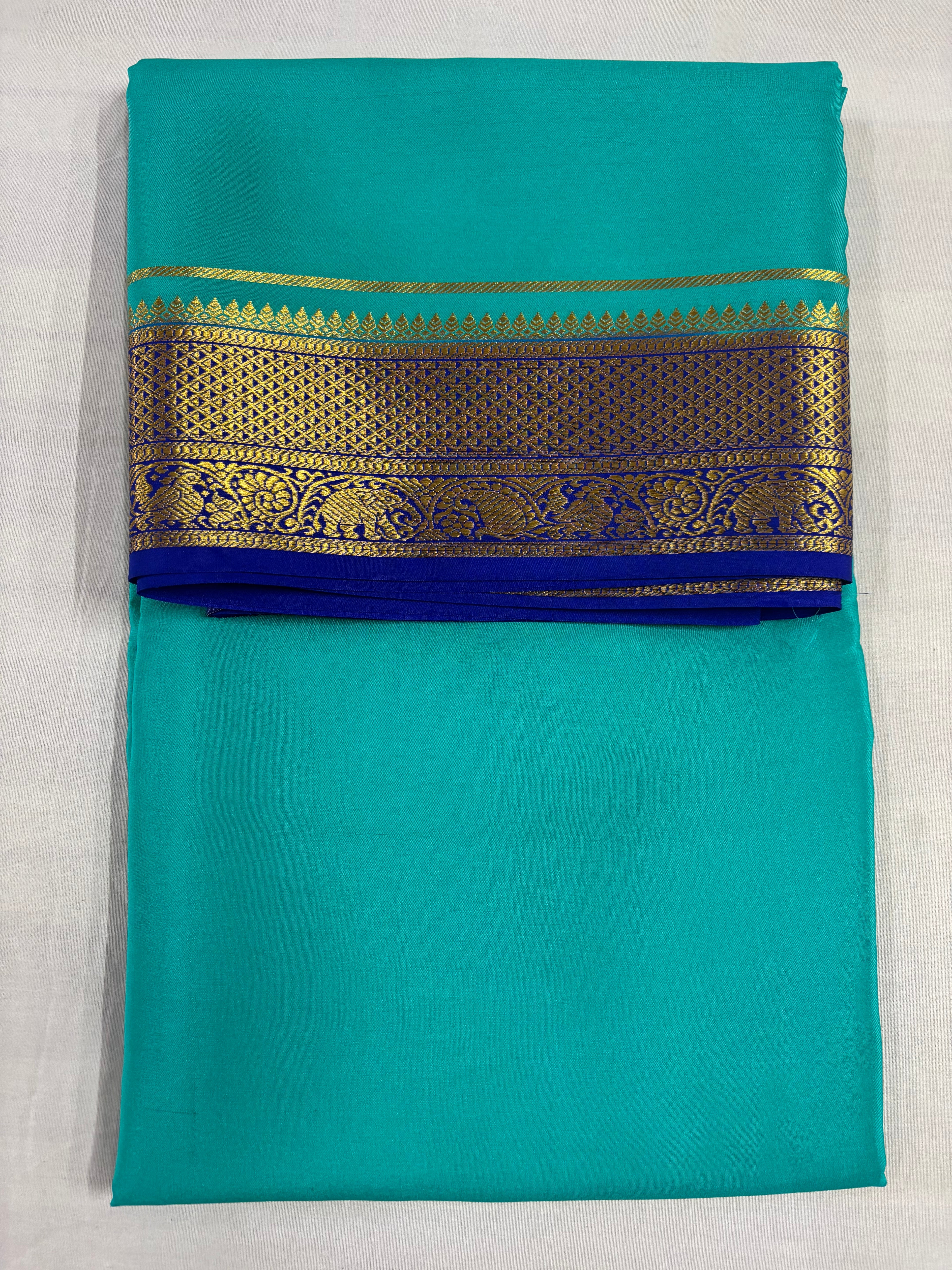 100 GSM Pure Mysore Silk Saree, Diamond Border,Ananda With Blue Border