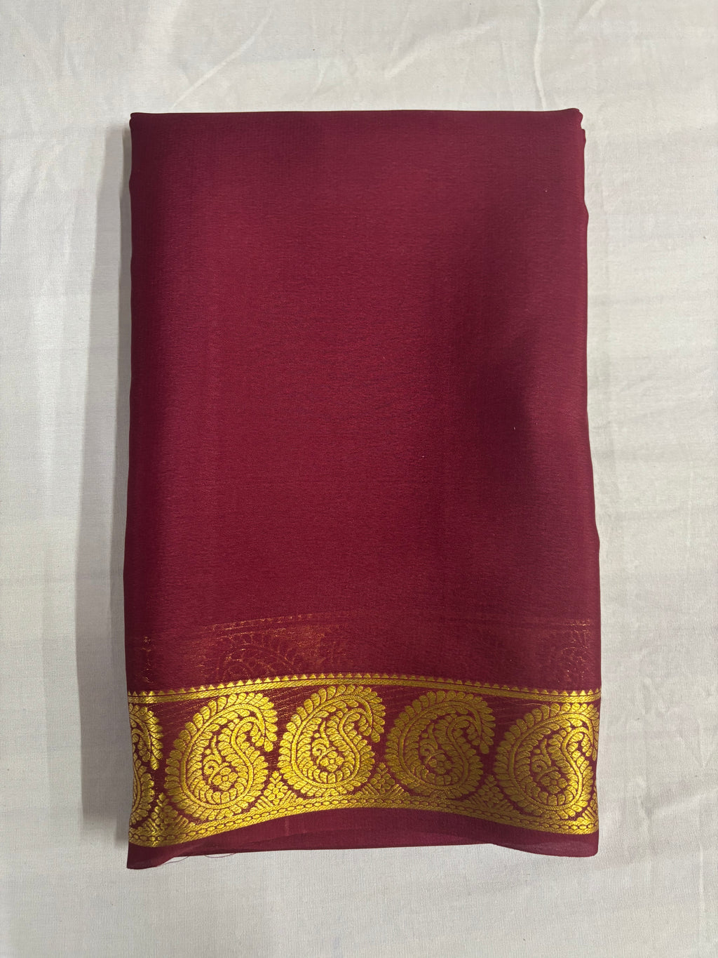65 GSM Pure Mysore Silk Saree , Mango Border- Brown Self Colour