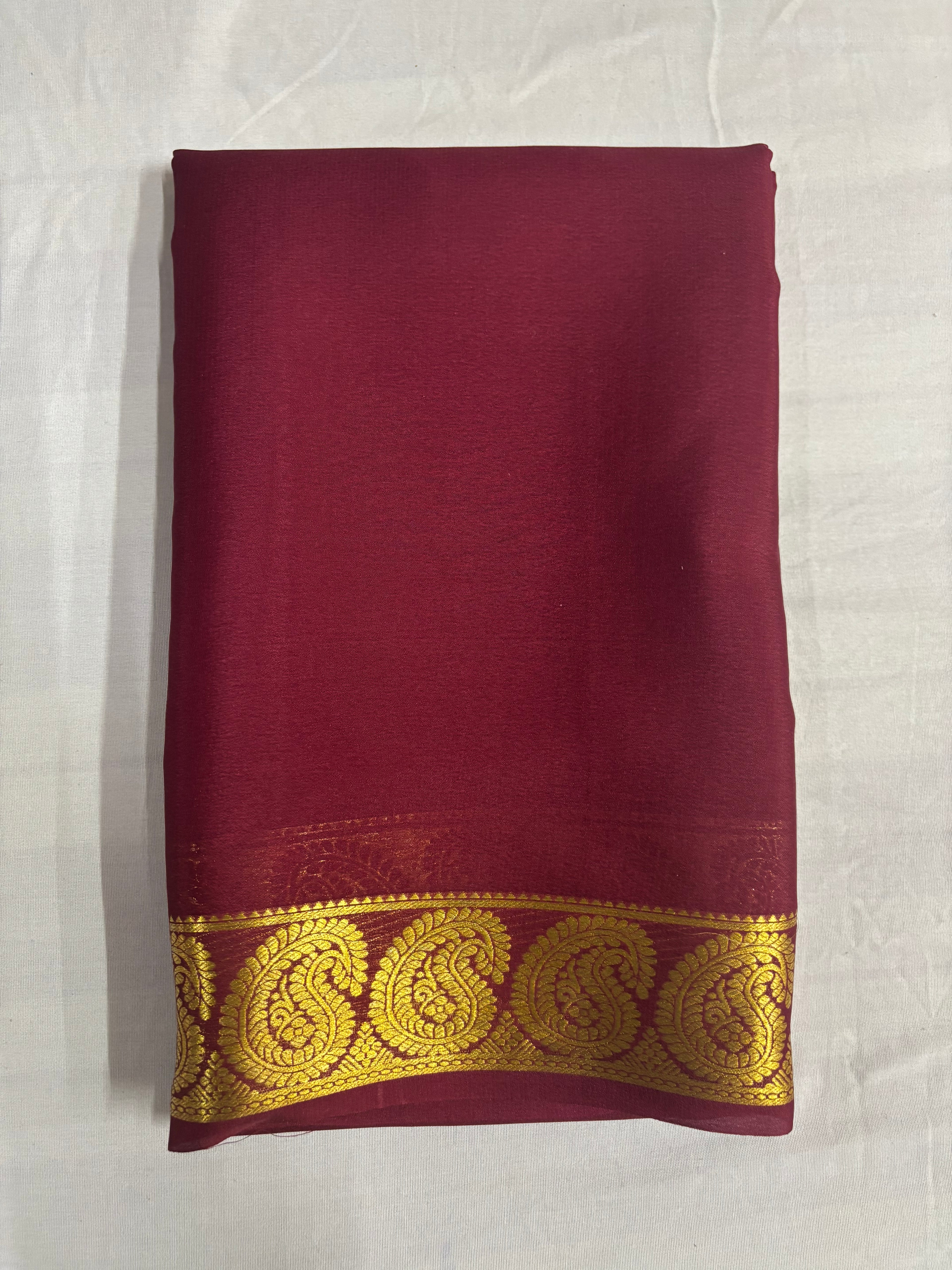 65 GSM Pure Mysore Silk Saree , Mango Border- Brown Self Colour