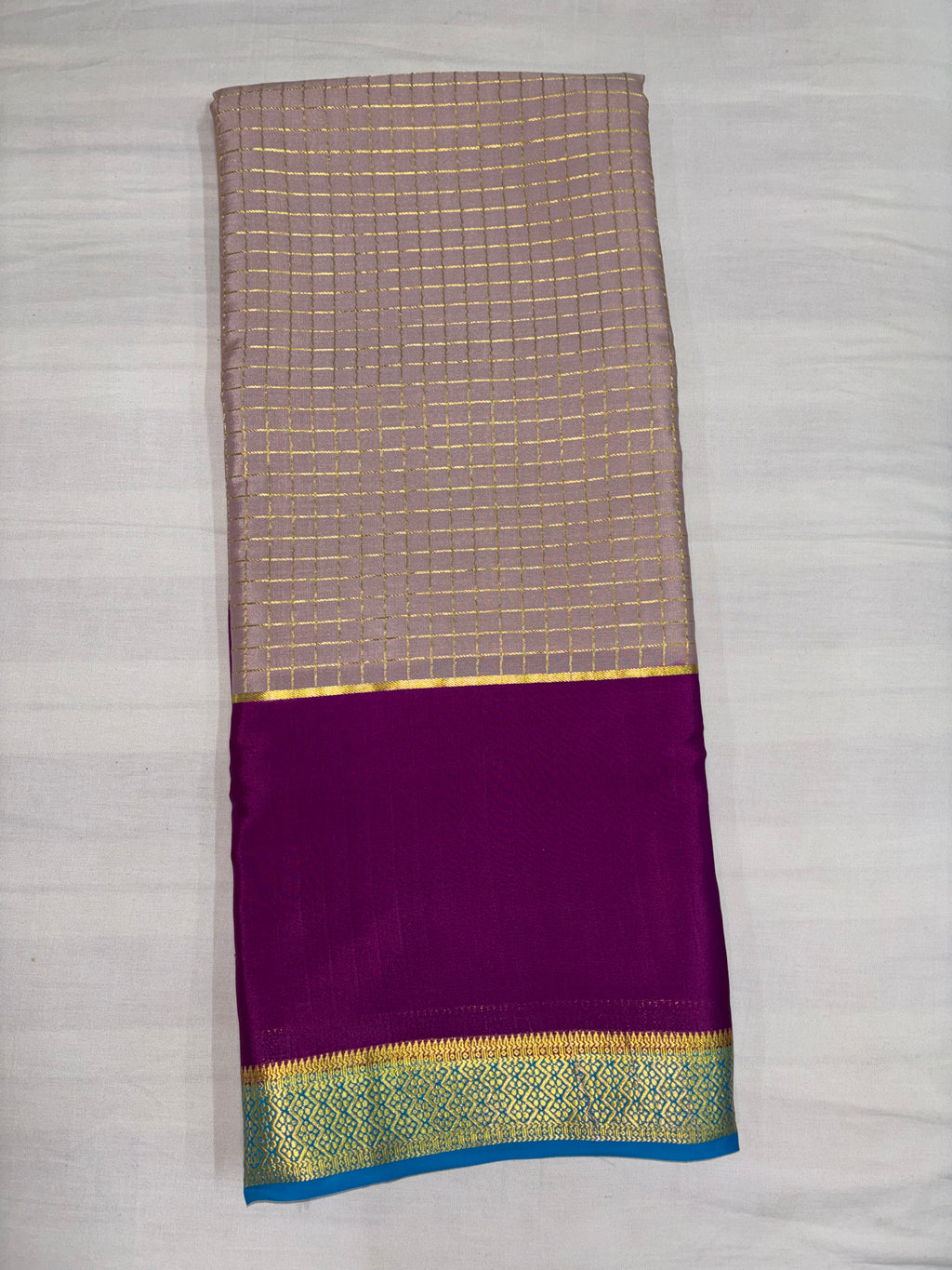 100 GSM 3D Pure Mysore Silk Saree ,Light Onion ,Purple and Blue
