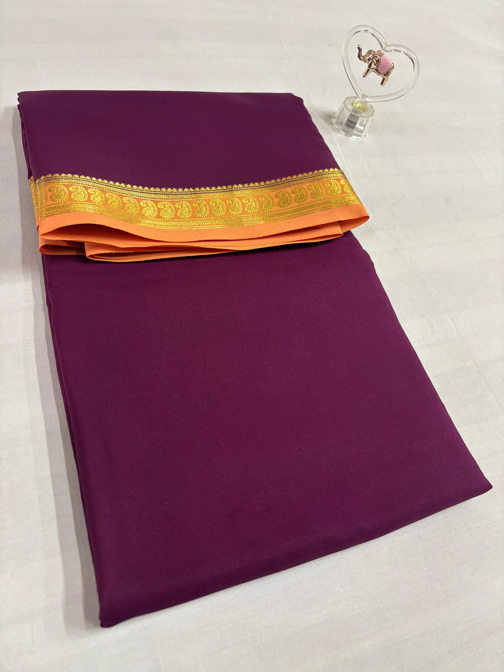 120 GSM Pure Crepe Mysore Silk, Small Mango Border,With Contrast ,Wine And Light Orange