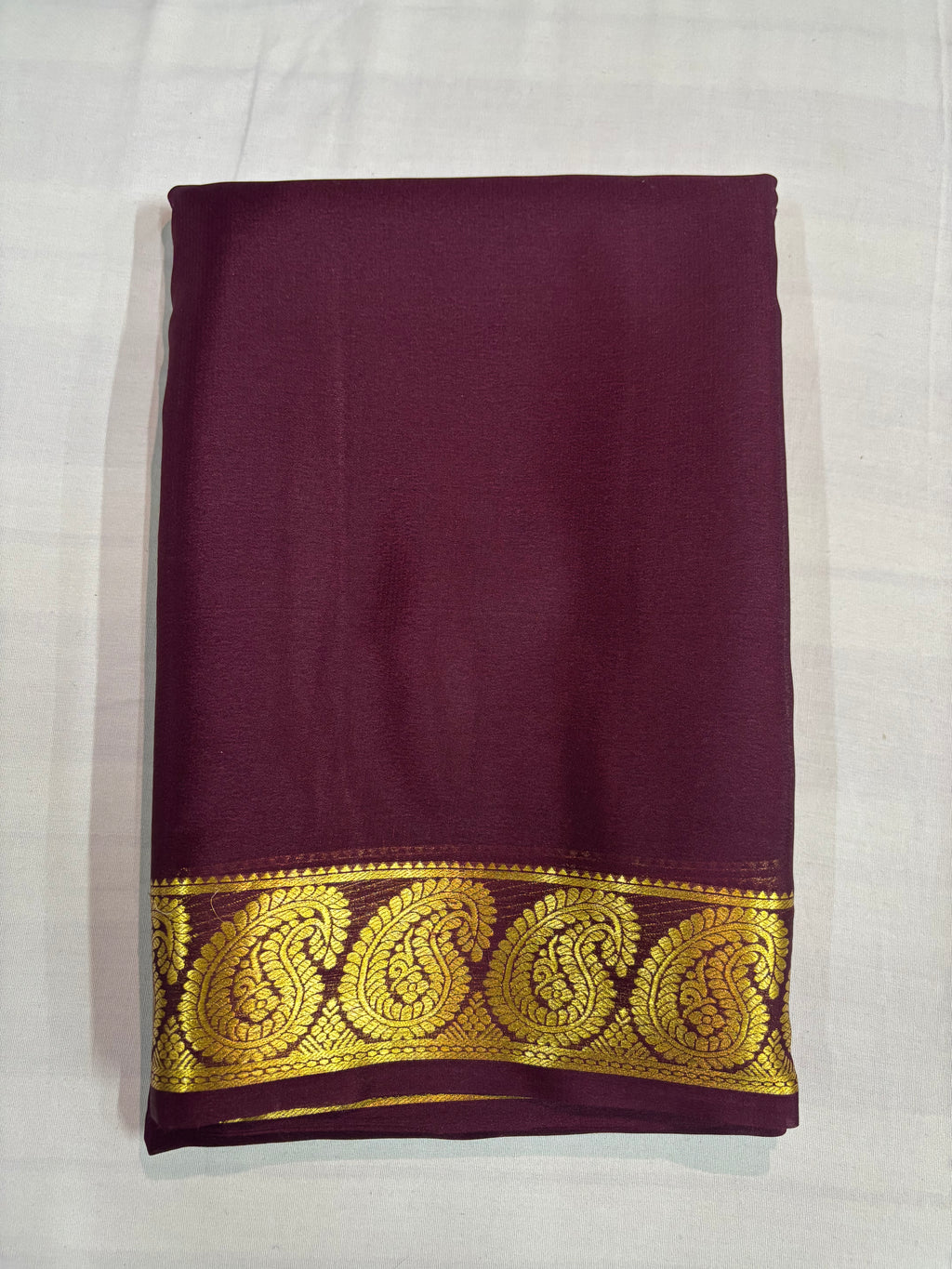 65 GSM Pure Mysore Silk Saree , Mango Border- Wine Self Colour