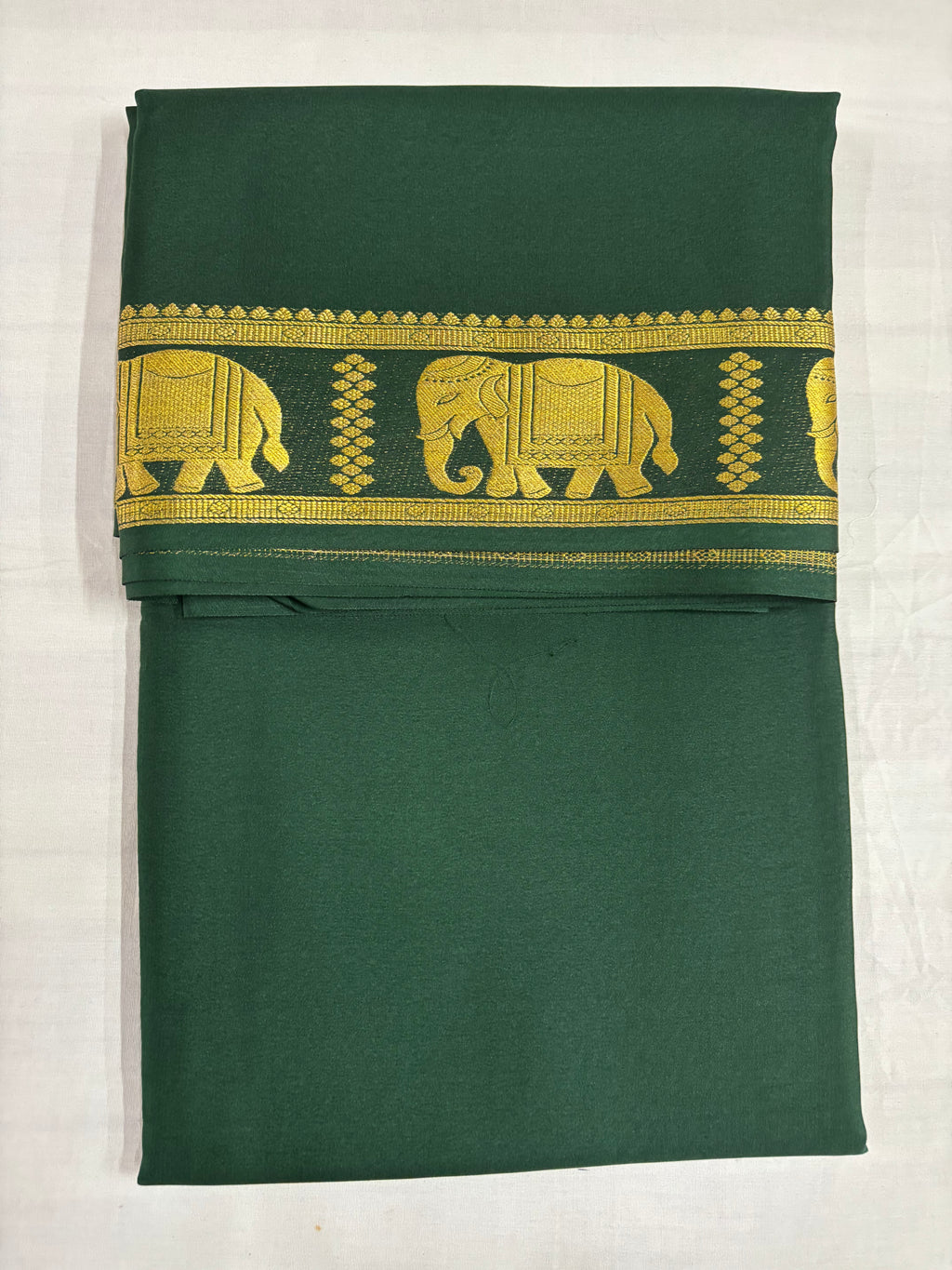 (Limited Exclusive) 90 GSM Pure Mysore Silk Saree, Bottle Green Self-Colour Elephant Border