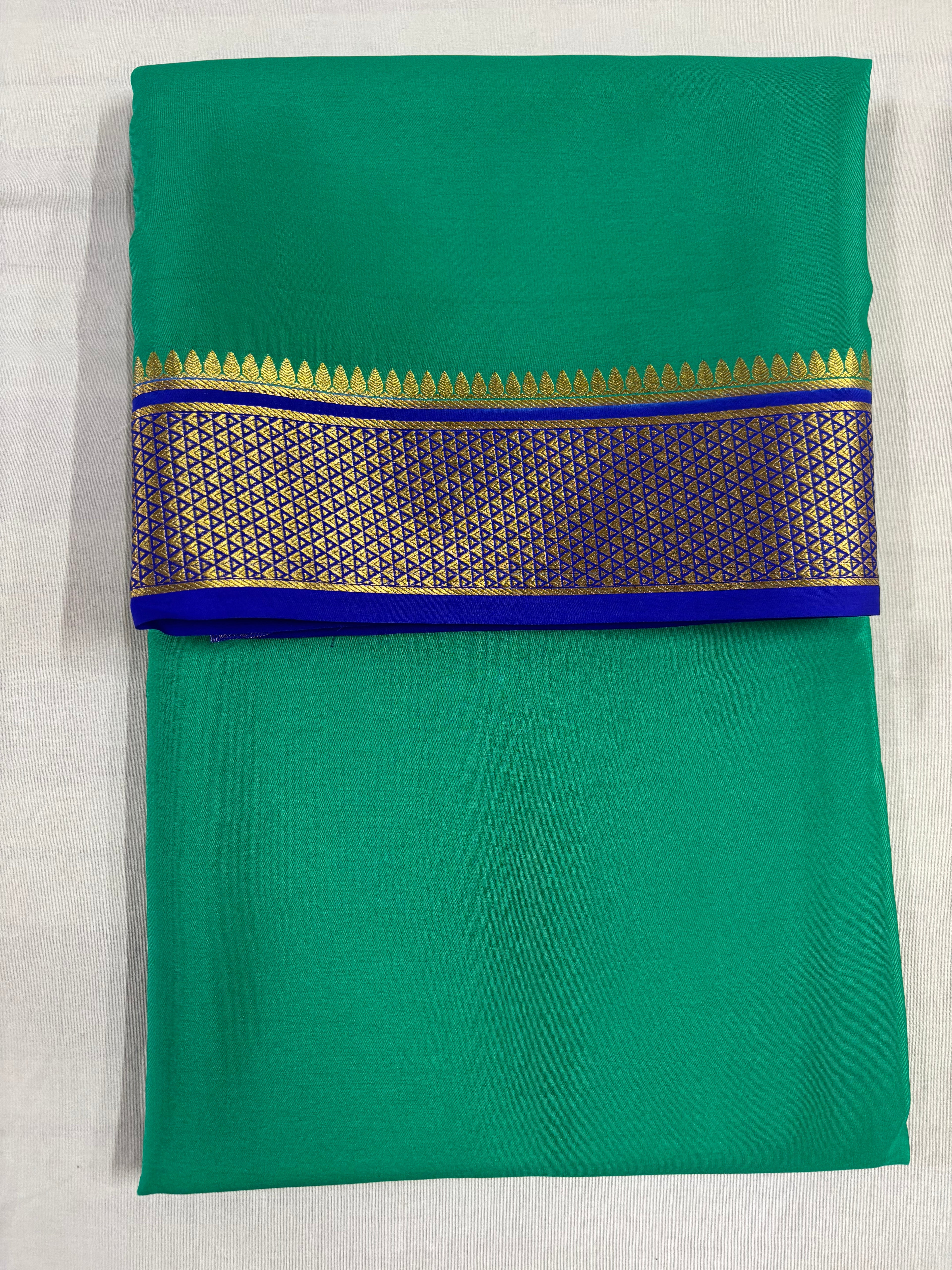 100 GSM Pure Mysore Silk Saree, Diamond Border, Rama Green With Blue Border