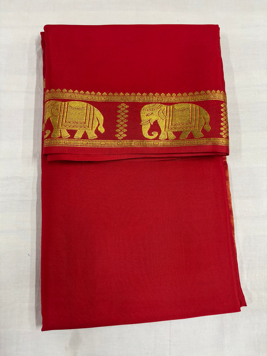 (Limited Exclusive) 90 GSM Pure Mysore Silk Saree, Red Self-Colour Elephant Border