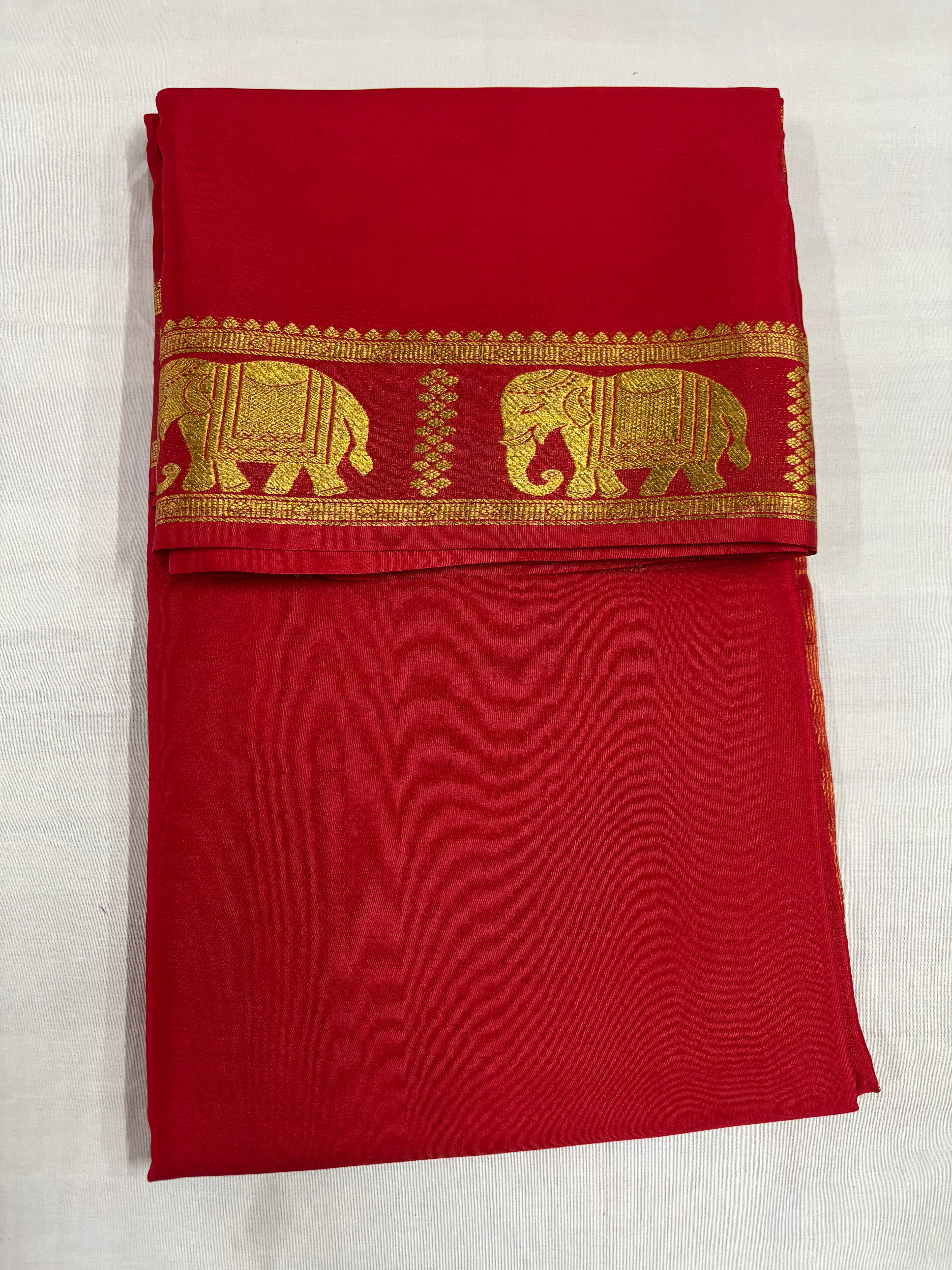 (Limited Exclusive) 90 GSM Pure Mysore Silk Saree, Red Self-Colour Elephant Border