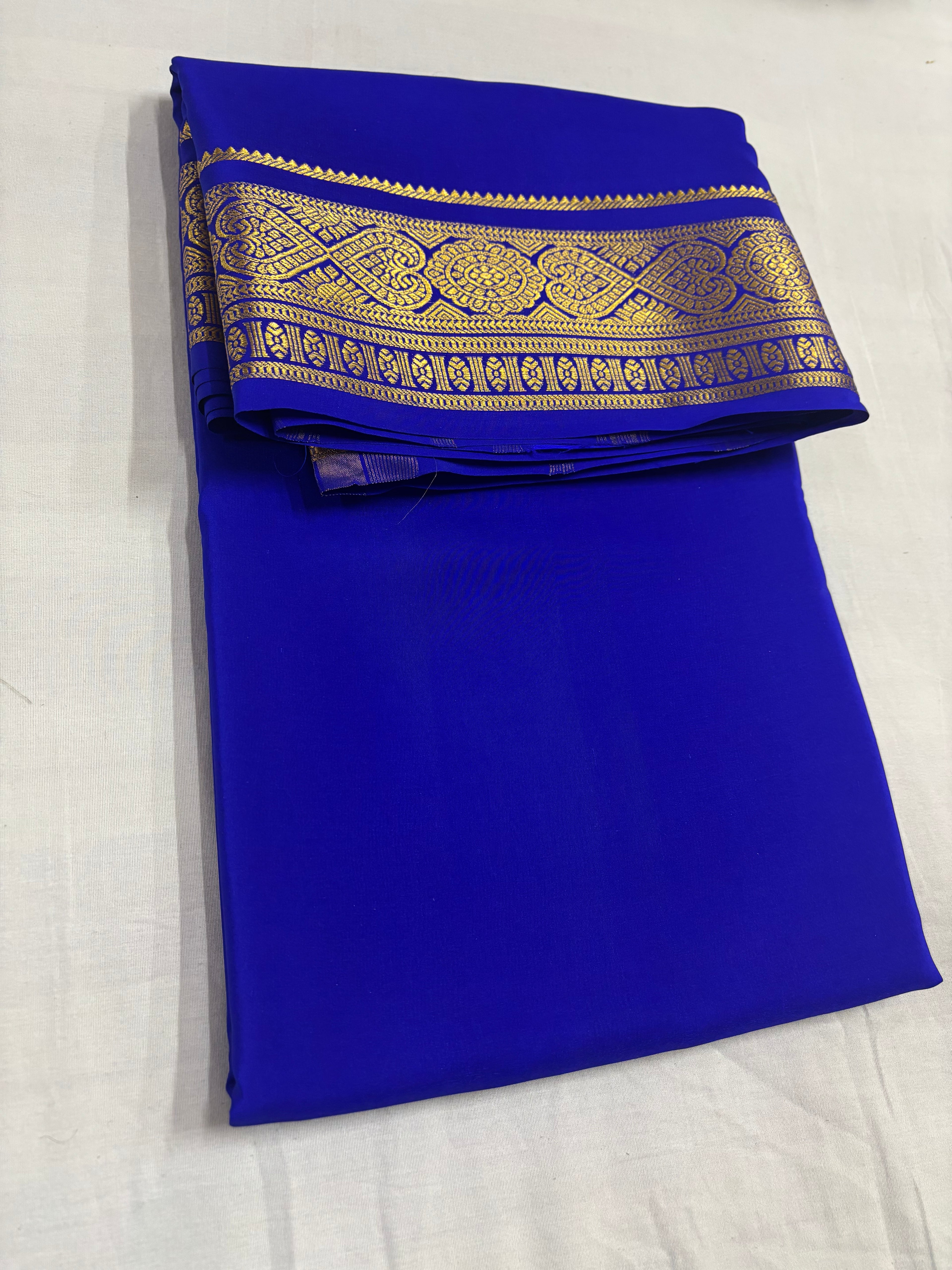 100 GSM Pure Mysore Silk Self Colour With 3-Inch Border Blue Colour Saree
